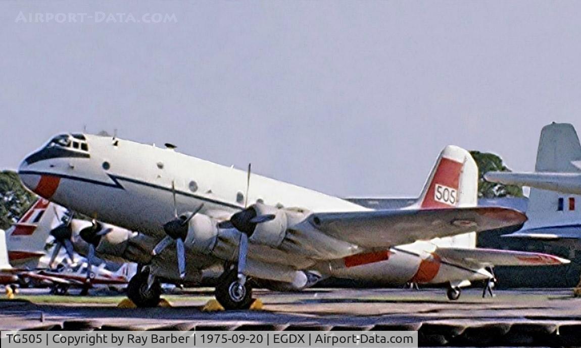 TG505, Handley Page Hastings T.5 C/N HP67/9, Handley Page Hastings T.5 [HP67/9] (Royal Air Force) RAF St Athan~G 20/09/1975. From a slide.