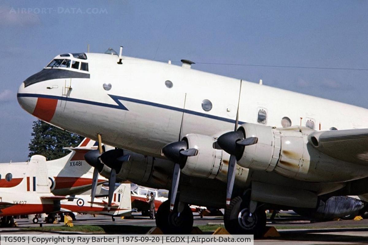 TG505, Handley Page Hastings T.5 C/N HP67/9, Handley Page Hastings T.5 [HP67/9] (Royal Air Force) RAF St Athan~G 20/09/1975. Closer image of the nose area. From a slide.