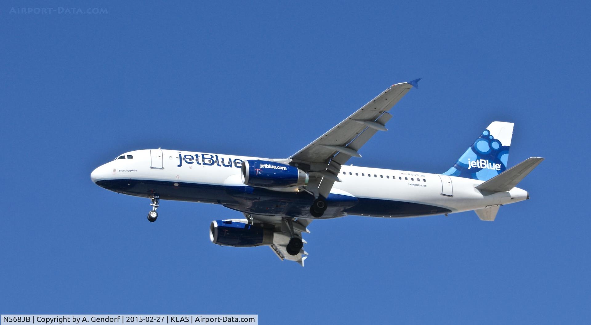N568JB, 2003 Airbus A320-232 C/N 2063, Jet Blue, is here approaching Las Vegas Int'l(KLAS)