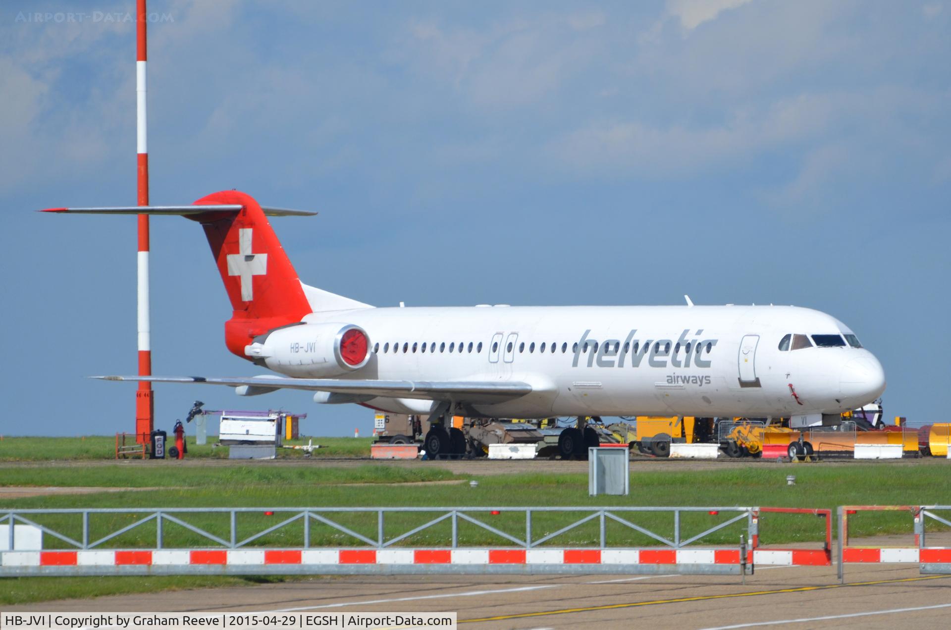HB-JVI, 1990 Fokker 100 (F-28-0100) C/N 11325, Parked at Norwich.