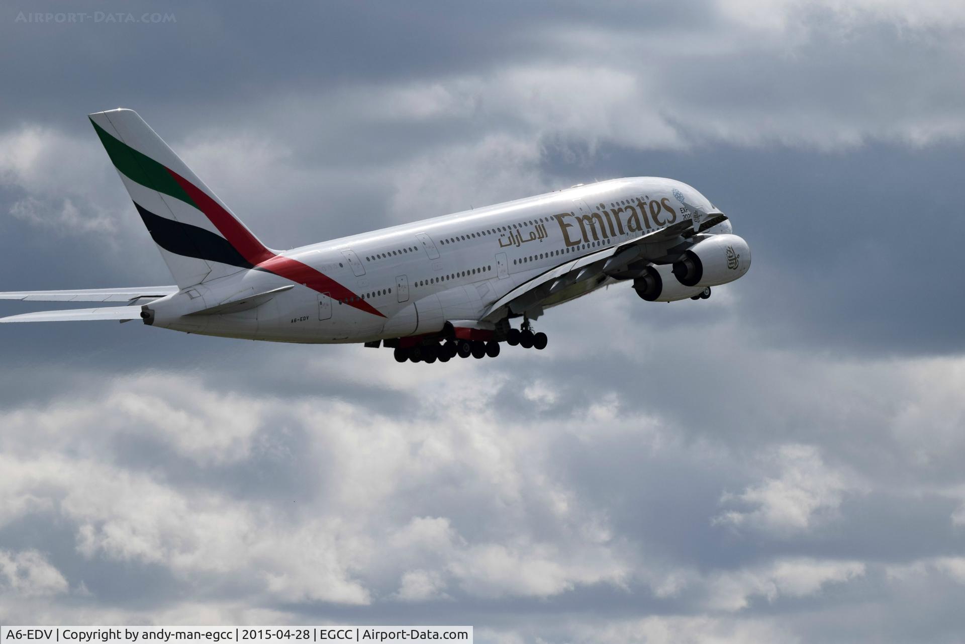 A6-EDV, 2011 Airbus A380-861 C/N 101, just took off from man egcc runway way in use 23R
