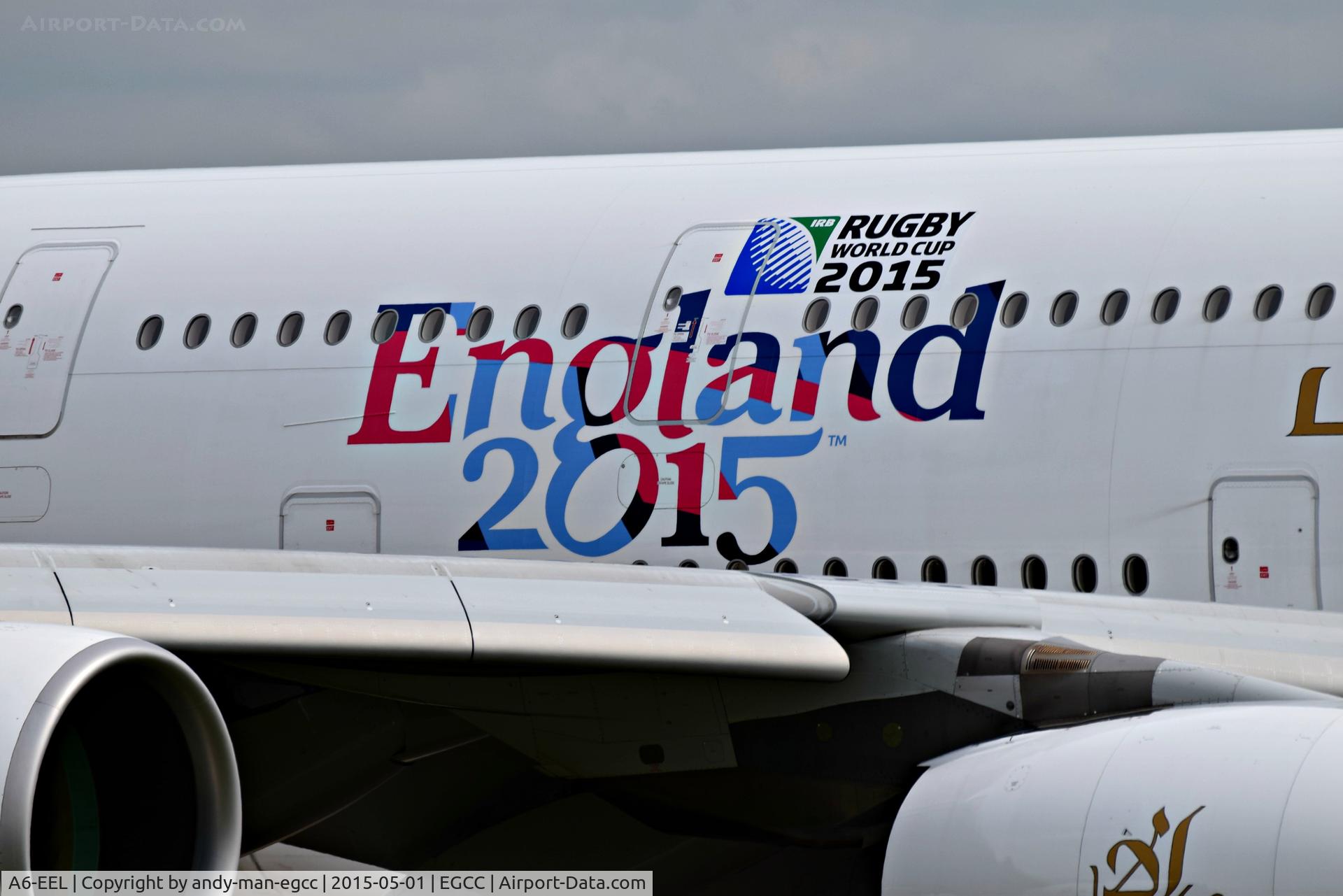 A6-EEL, 2013 Airbus A380-861 C/N 133, has

rugby world cup 2015
england 2015

on the side of the aircraft