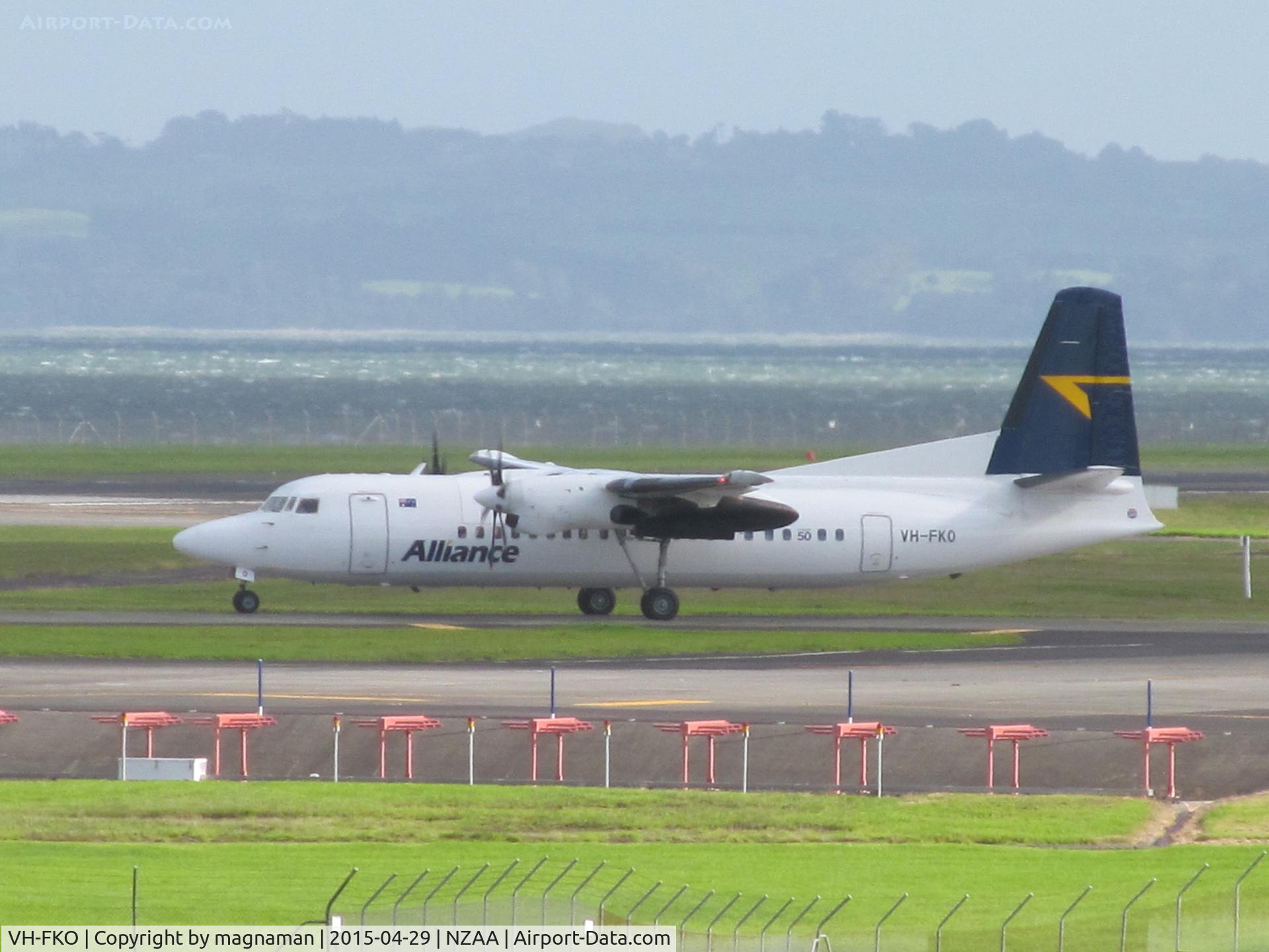 VH-FKO, 1989 Fokker 50 C/N 20160, leaving for another trip down south - here on 3yr secondment to tourist company
