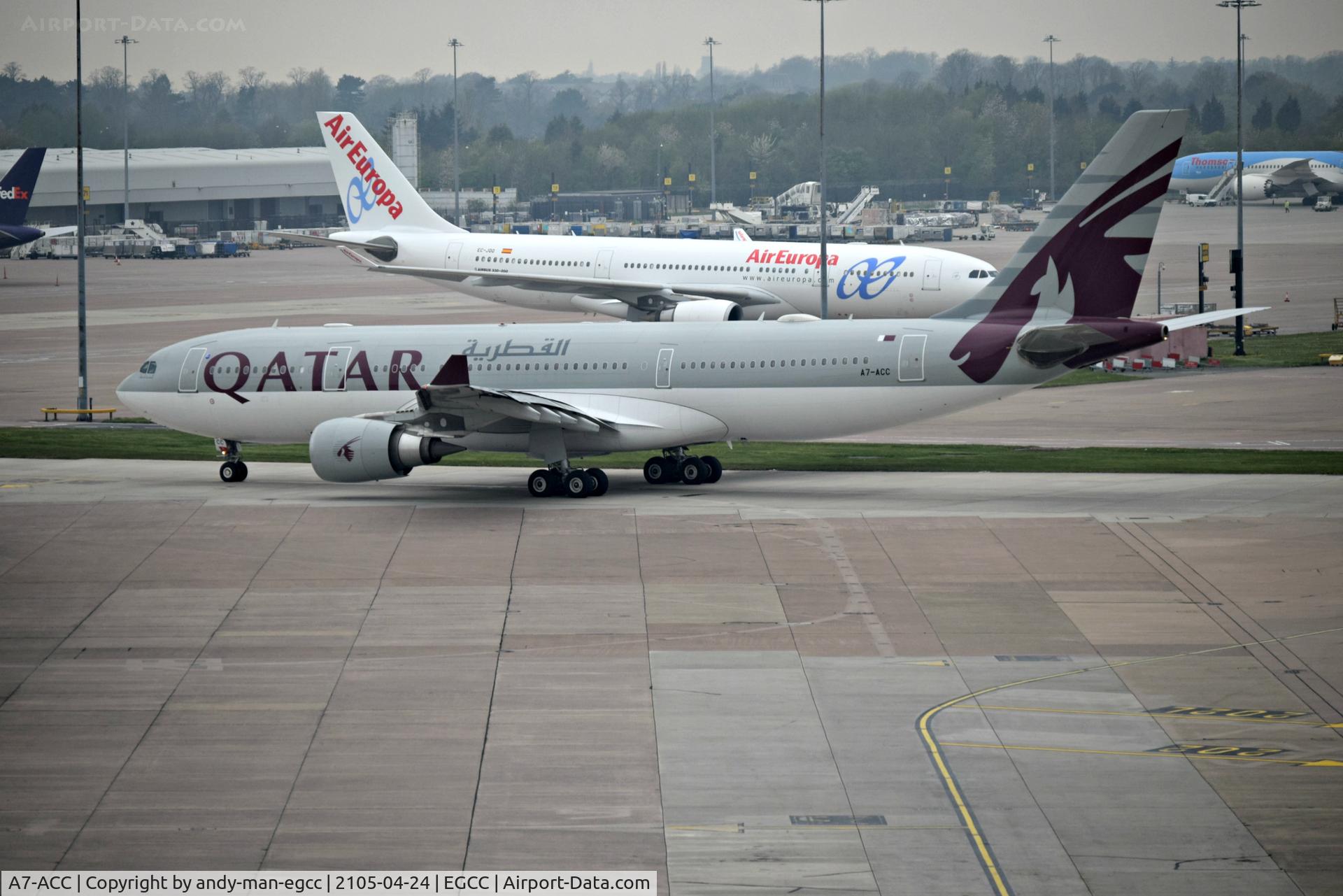 A7-ACC, 2003 Airbus A330-202 C/N 511, just left its stand/gate on T2 now taxing out to the runway for takeoff 

also EC-JQQ A330 is in the same shot parked up

photo taken from the top of the car park