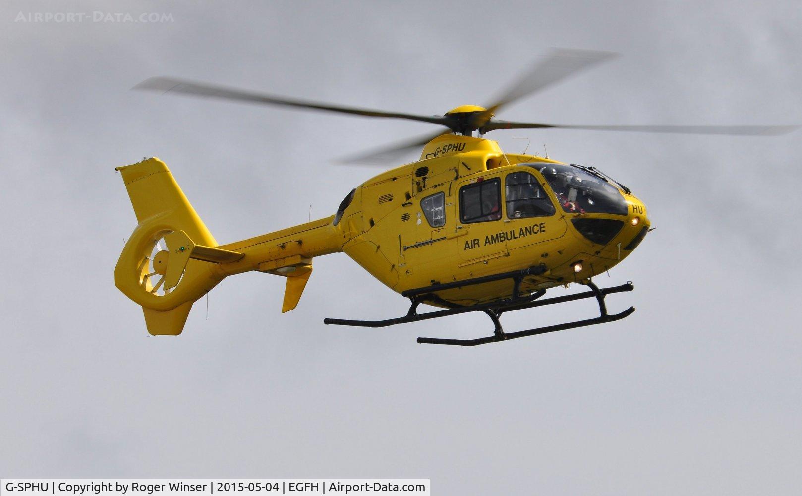 G-SPHU, 2002 Eurocopter EC-135T-2 C/N 0245, One of Bond Air Services spare helicopters standing in for the regular Wales Air Ambulance helicopter G-WASN (Helimed 57). Seen returning to base after a call out.