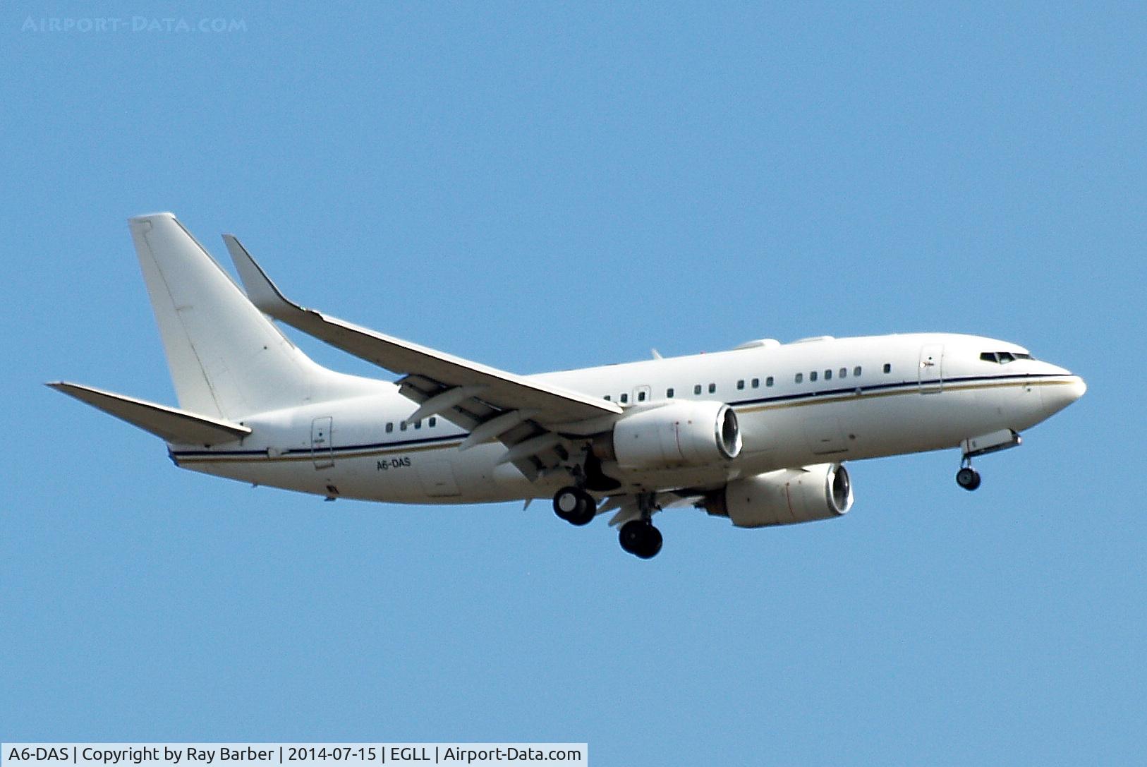 A6-DAS, 2000 Boeing 737-7Z5 BBJ C/N 29858, Boeing 737-7Z5 [29858] (Royal Jet) Home~G 15/07/2014. On approach 27L.