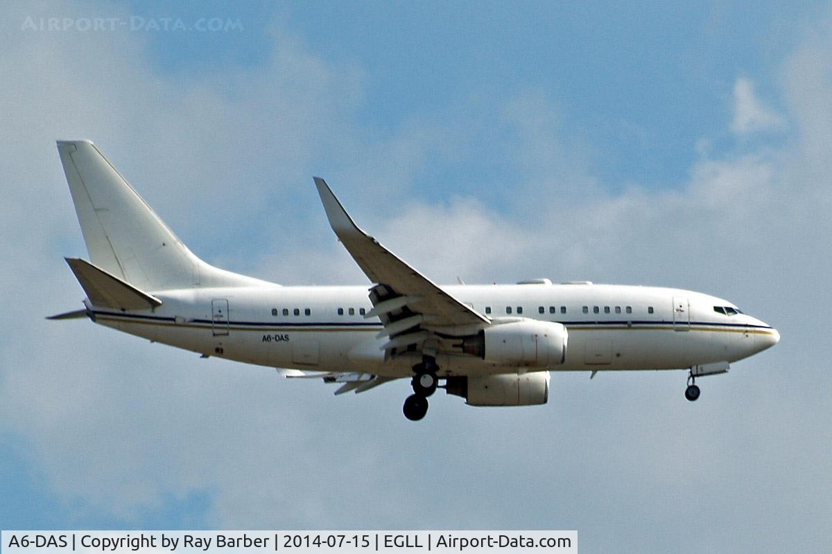 A6-DAS, 2000 Boeing 737-7Z5 BBJ C/N 29858, Boeing 737-7Z5 [29858] (Royal Jet) Home~G 15/07/2014. On approach 27L.