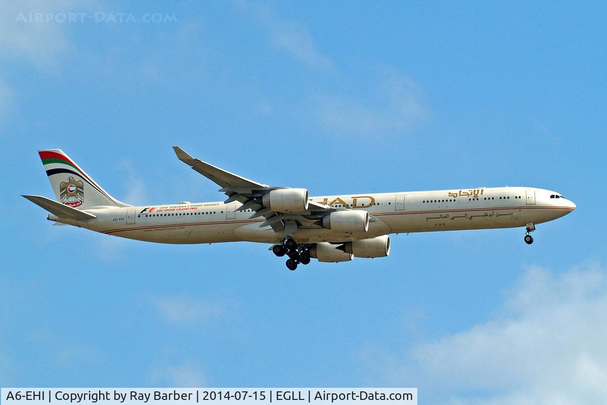 A6-EHI, 2008 Airbus A340-642X C/N 929, Airbus A340-642 [929] (Etihad Airways) Home~G 15/07/2014. On approach 27L.