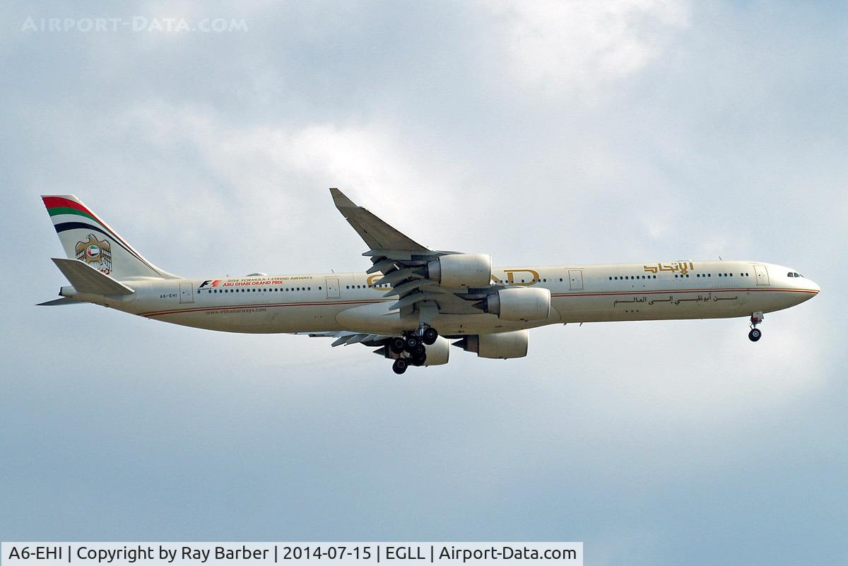 A6-EHI, 2008 Airbus A340-642X C/N 929, Airbus A340-642 [929] (Etihad Airways) Home~G 15/07/2014. On approach 27L.