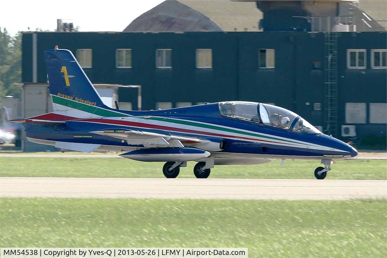 MM54538, Aermacchi MB-339PAN C/N 6759/154/AA070, Italian Air Force Aermacchi MB-339PAN, Number 1 of Frecce Tricolori Aerobatic Team in may 2013, Take off rwy 34, Salon De Provence Air Base 701 (LFMY) Open day 2013