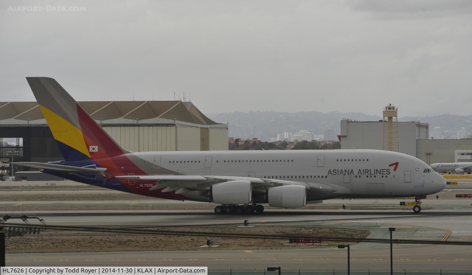 HL7626, 2013 Airbus A380-841 C/N 155, Departing LAX on 7R