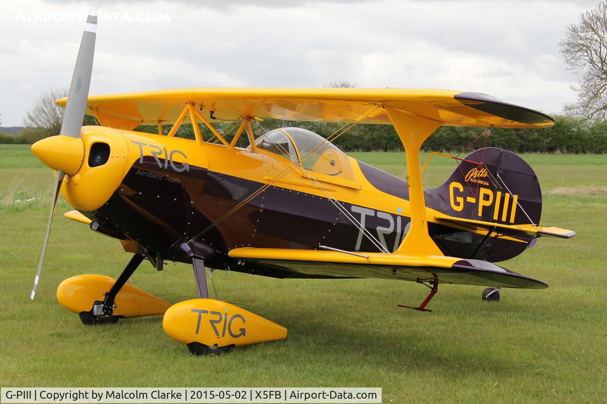 G-PIII, 1981 Pitts S-1D Special C/N PFA 009-10156, Pitts S-1D Special. One of the two Pitts Specials of the Trig Aerobatic Team during a stopover for fuel at Fishburn Airfield, May 2nd 2015.