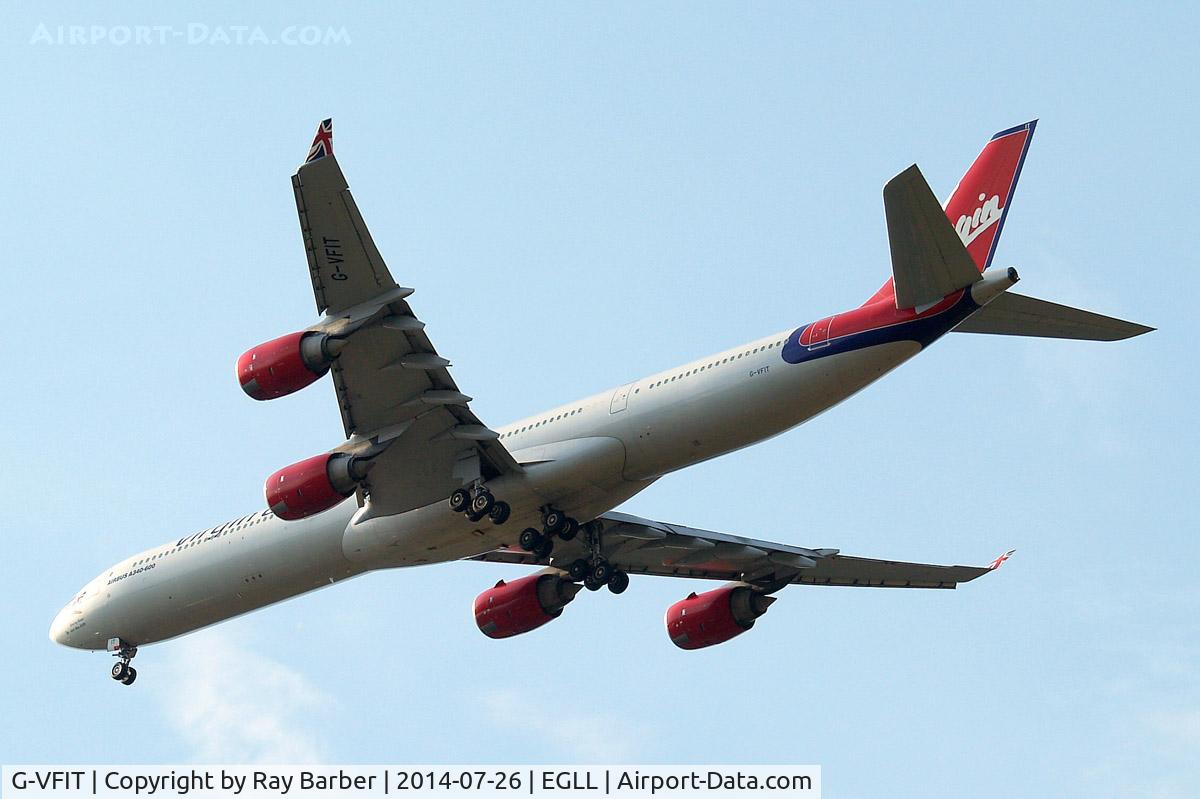 G-VFIT, 2006 Airbus A340-642 C/N 753, Airbus A340-642 [753] (Virgin Atlantic) Home~G 26/07/2014. On approach 27R.