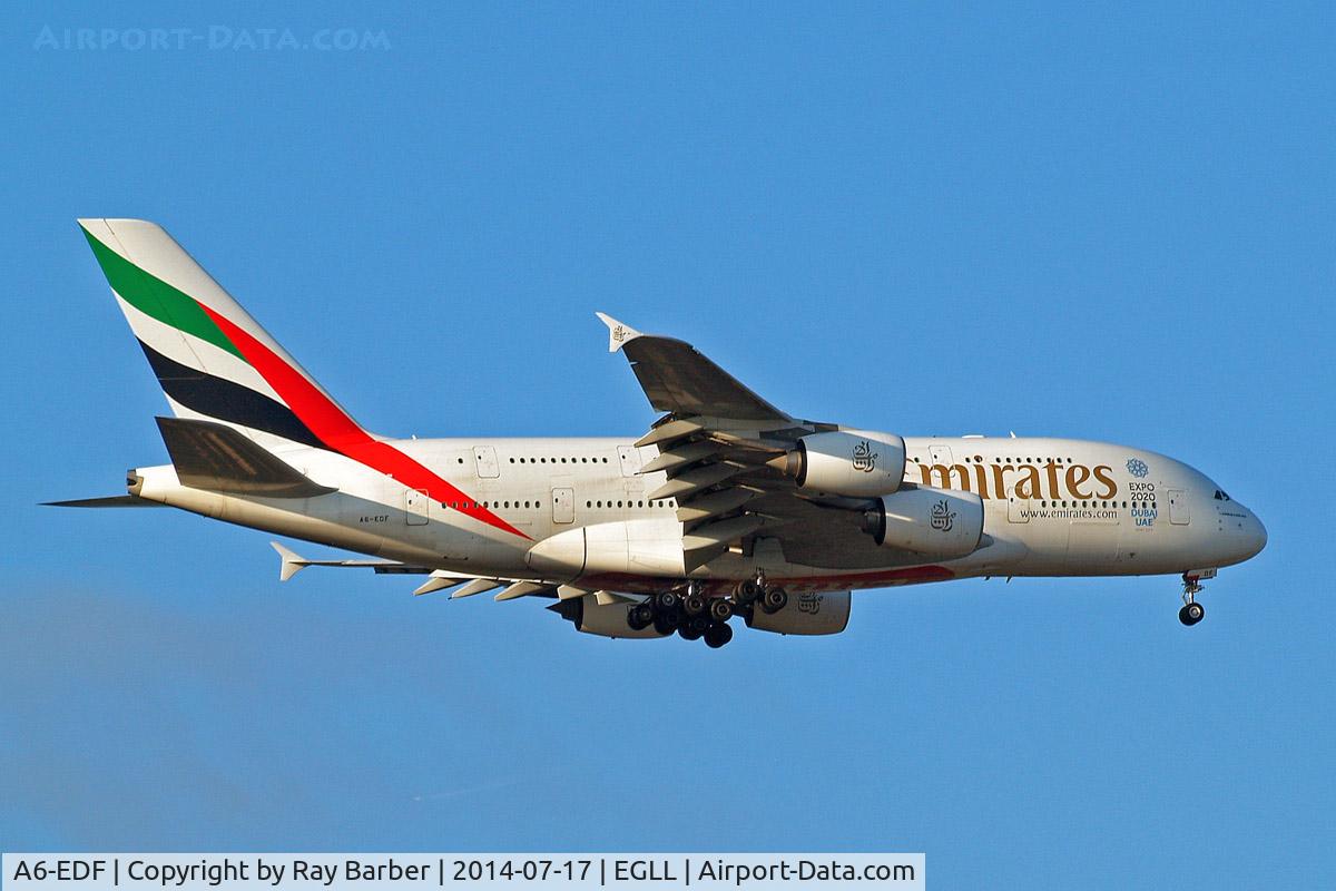 A6-EDF, 2006 Airbus A380-861 C/N 007, A6-EDF   Airbus A380-861 [007] (Emirates Airlines) Home~G 17/07/2014. On approach 27L.