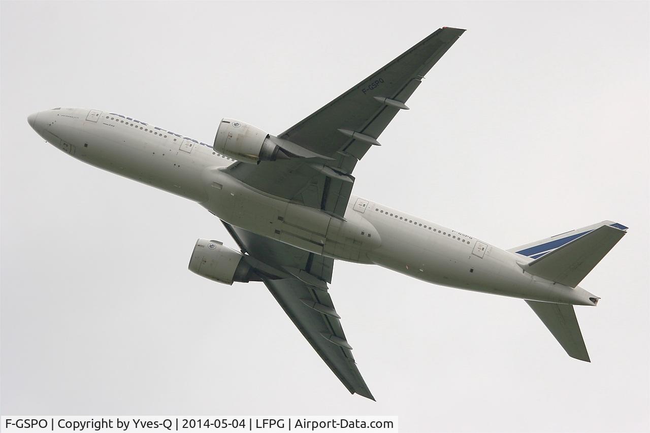 F-GSPO, 2001 Boeing 777-228/ER C/N 30614, Boeing 777-228 (ER), Take off rwy 27L, Roissy Charles De Gaulle airport (LFPG-CDG)