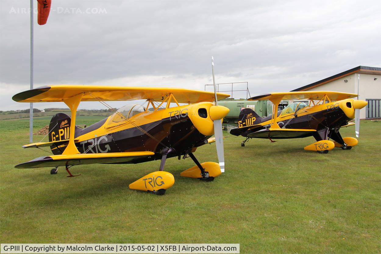 G-PIII, 1981 Pitts S-1D Special C/N PFA 009-10156, Pitts S-1D Special G-PIII together with G-IIIP, the two aircraft of the Trig Aerobatic Team during a stopover for fuel at Fishburn Airfield, May 2nd 2015.