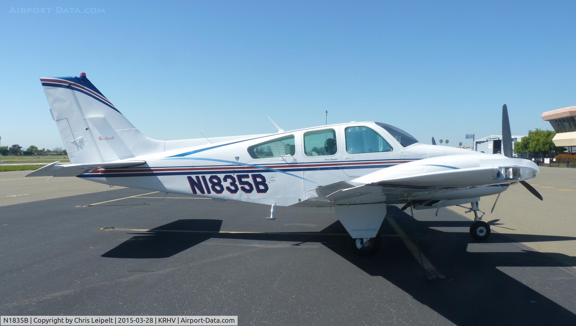 N1835B, 1977 Beech 95-B55 (T42A) Baron C/N TC-2076, A transient 1977 Beechcraft Baron 55 visiting Reid Hillview Airport, San Jose, CA. It's been here a few times in the past as well.