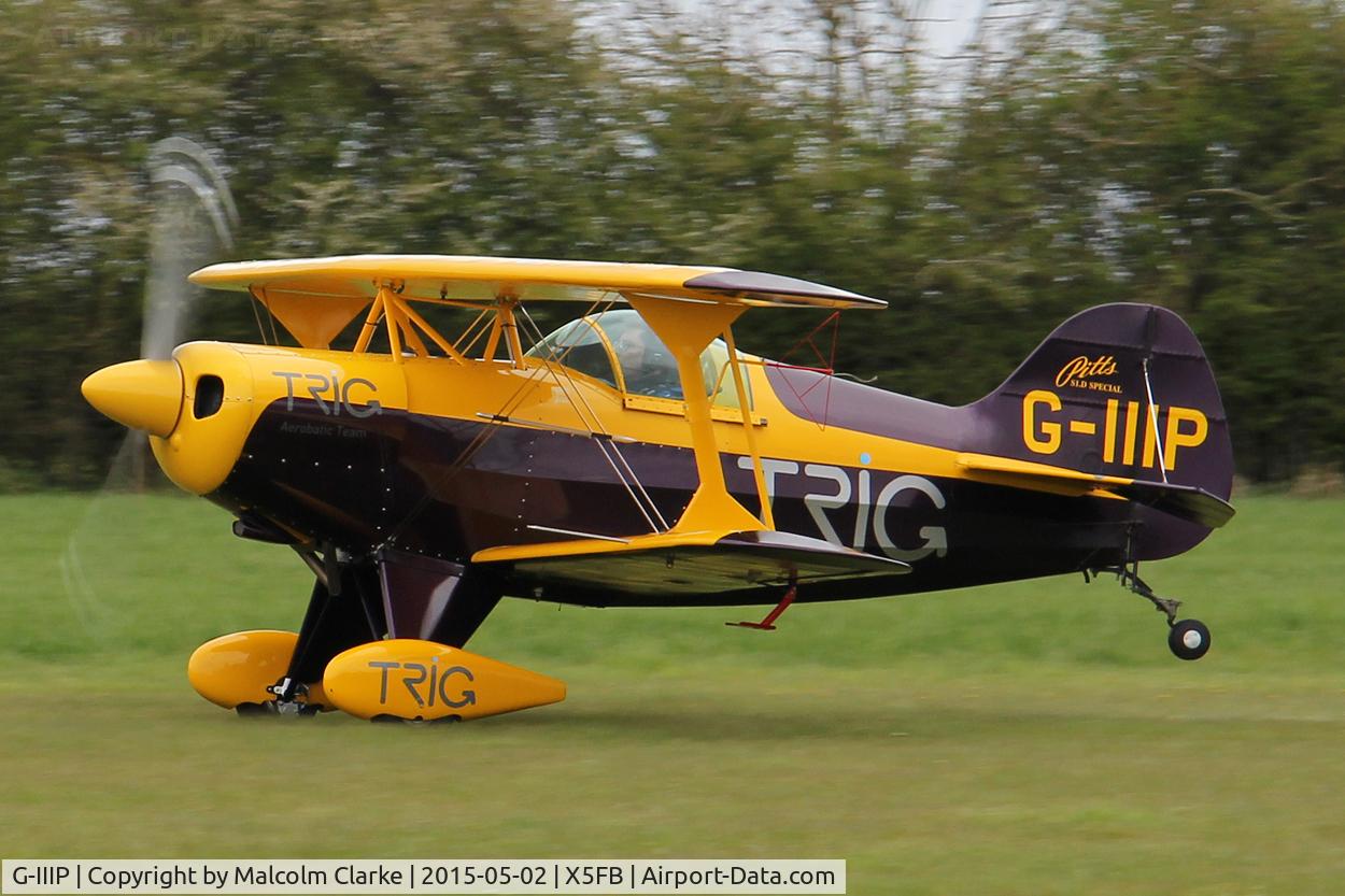 G-IIIP, 1984 Pitts S-1D Special C/N PFA 009-10195, Pitts S-1D Special G-IIIP of the Trig Aerobatic Team takes off after a stopover for fuel at Fishburn Airfield, May 2nd 2015.