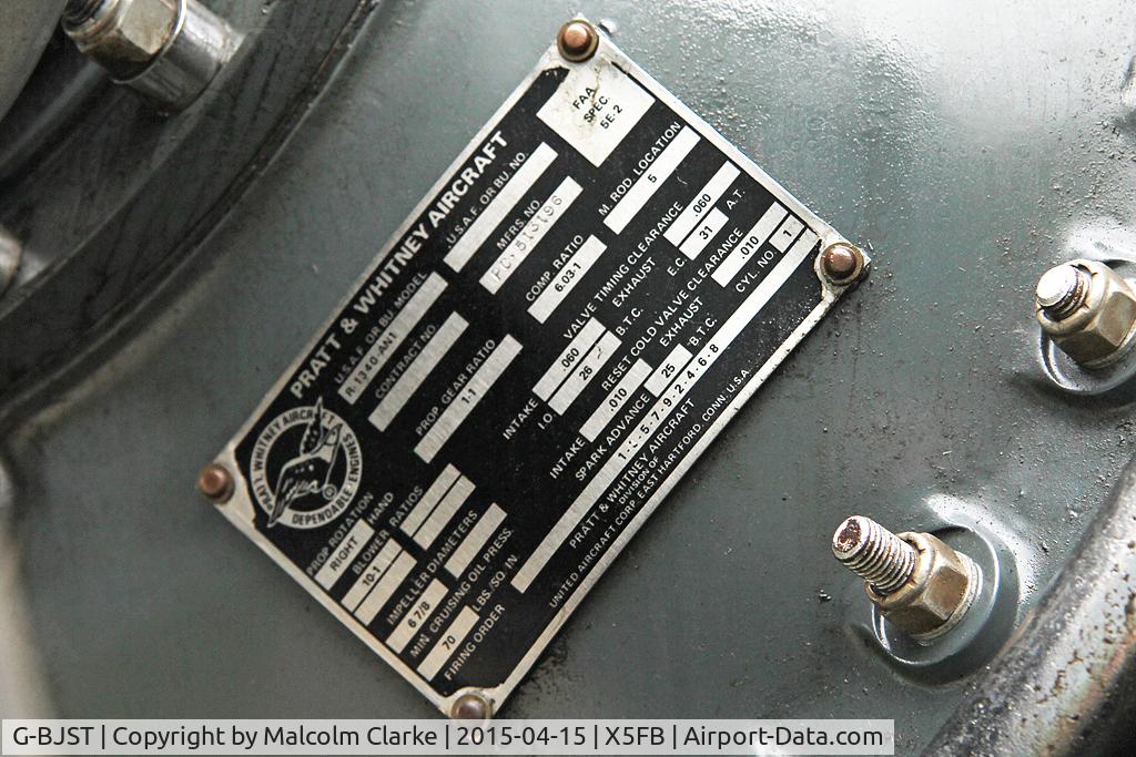 G-BJST, 1953 Canadian Car & Foundry T-6H Harvard Mk.4M C/N 14A-2429, The engine plate of Canadian Car & Foundry T-6H Harvard 4M G-BJST at Fishburn Airfield UK April 15th 2015.