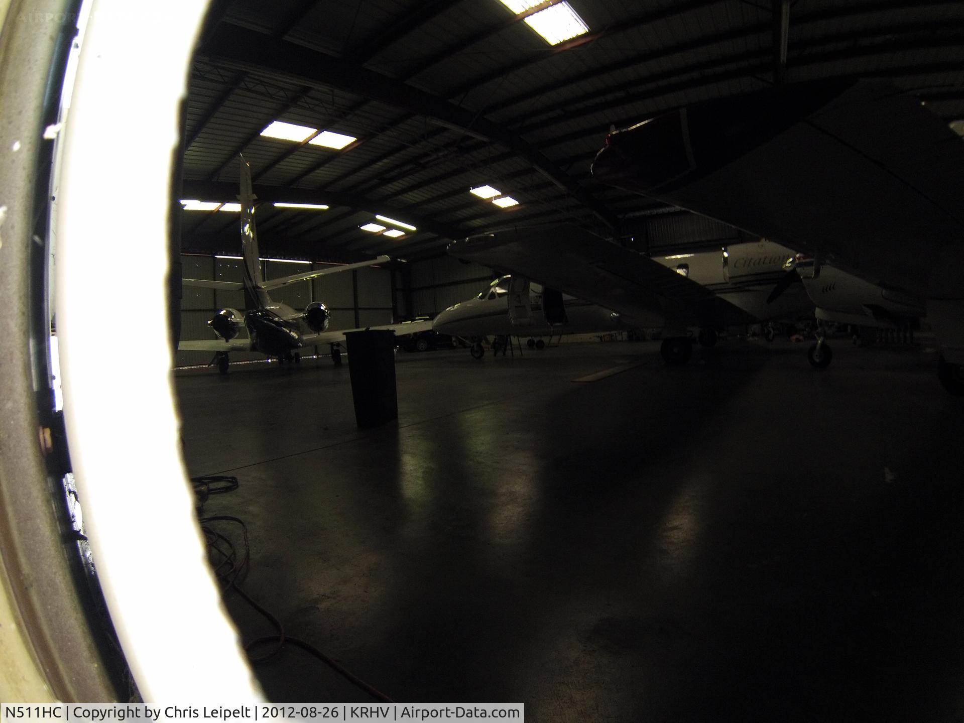 N511HC, 1979 Cessna 501 Citation I/SP C/N 501-0136, A transient Citation 501 (N511HC) and Citatiion 560 (N560JZ) (right) inside the Lafferty Aircraft Sales Hangar at Reid Hillview Airport, San Jose, CA.