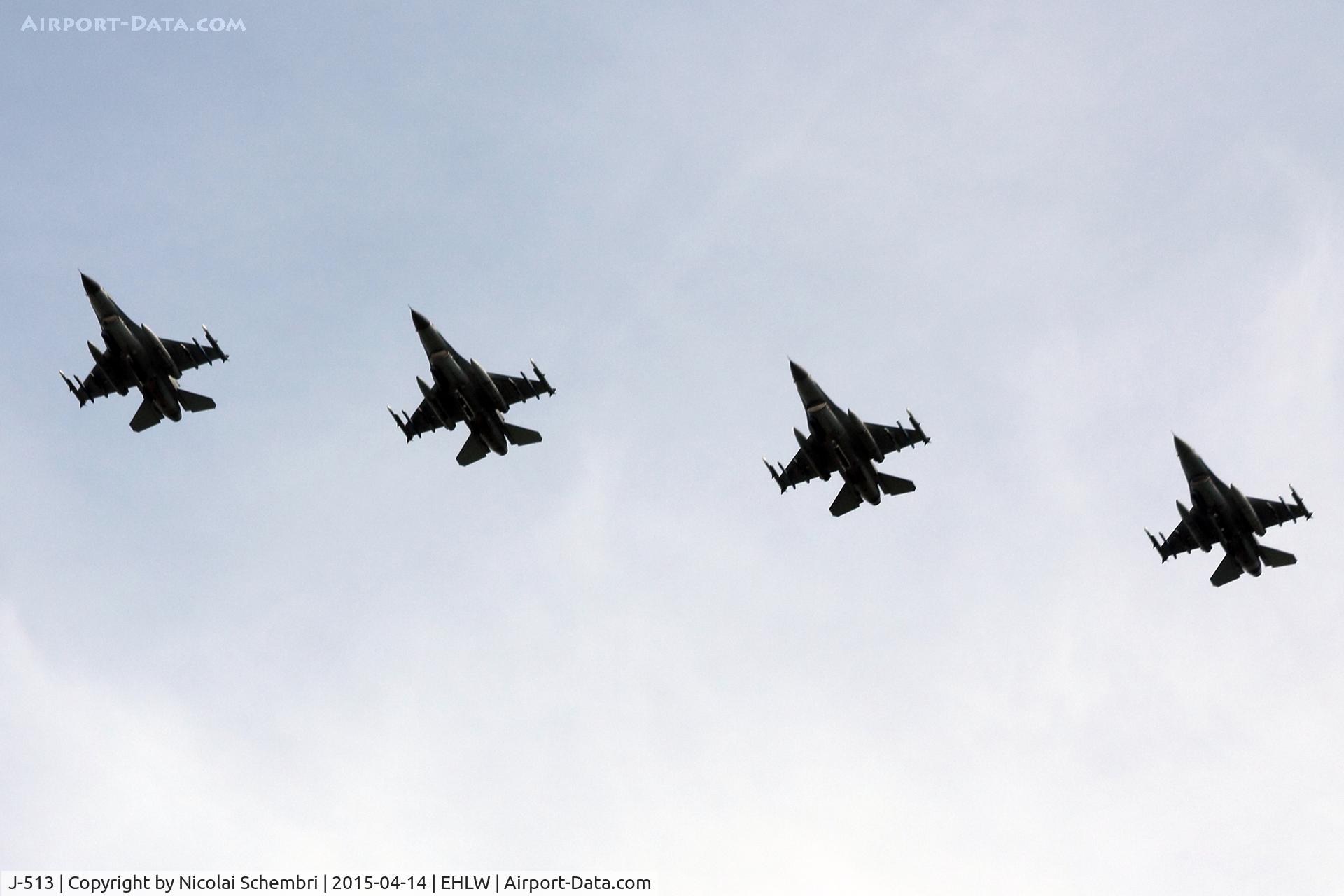J-513, Fokker F-16A Fighting Falcon C/N 6D-152, J-513, J-516, J-013 and J-197 on a run-in-and-break before landing