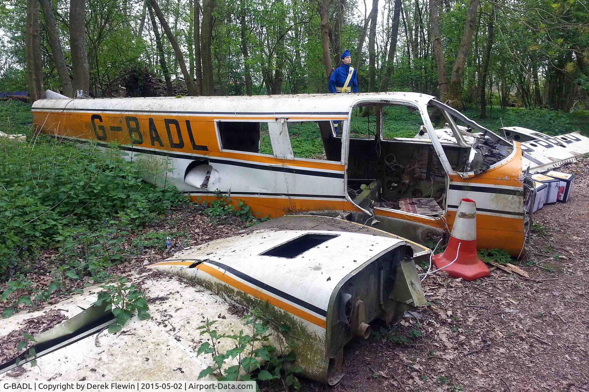 G-BADL, 1972 Piper PA-34-200 Seneca C/N 34-7250247, Senneca, previously N55807T, seen in a Kentish wood, being used as a horse jump. Damaged in 1995 at Edinburgh Airport , nose wheel failed to lock, crew escaped without any injuries.