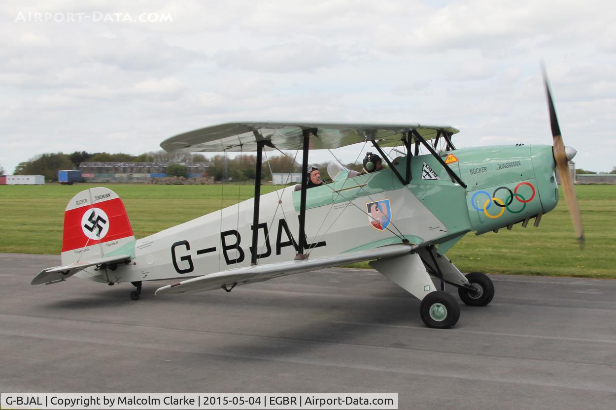 G-BJAL, 1957 Bucker 1-131E Jungmann C/N 1028, CASA 1-131E Jungmann at The Real Aeroplane Club's Auster Fly-In, Breighton Airfield, May 4th 2015.