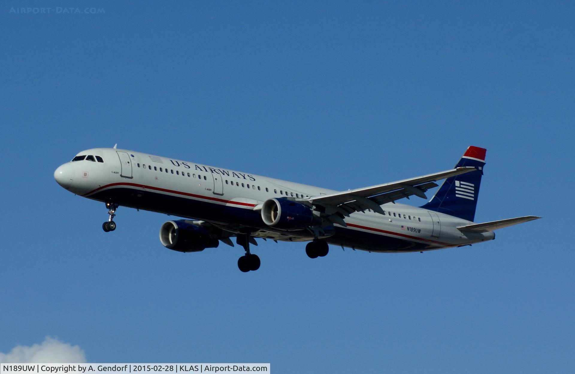 N189UW, 2001 Airbus A321-211 C/N 1425, US Airways, seen here on final approach at Las Vegas Int'l(KLAS)