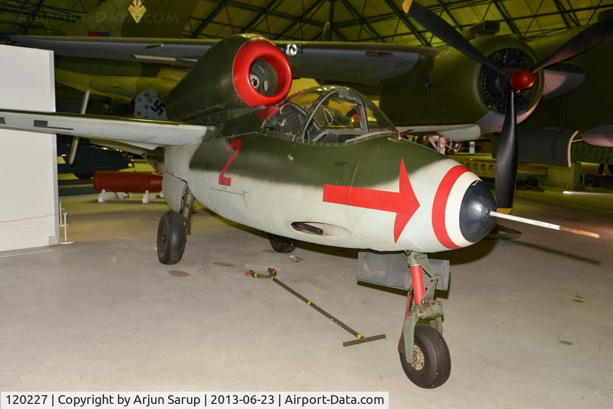 120227, 1945 Heinkel He-162A-2 Volksjager C/N 120227, Built by Heinkel-Nord at Rostock-Marienehe in April 1945 and delivered to II./JG1. This A-2 variant is equipped with two MG151 20mm cannon. Surrendered along with I./JG1 to the Allies at Leck on 6 May 1945.  On display at RAF Museum Hendon.