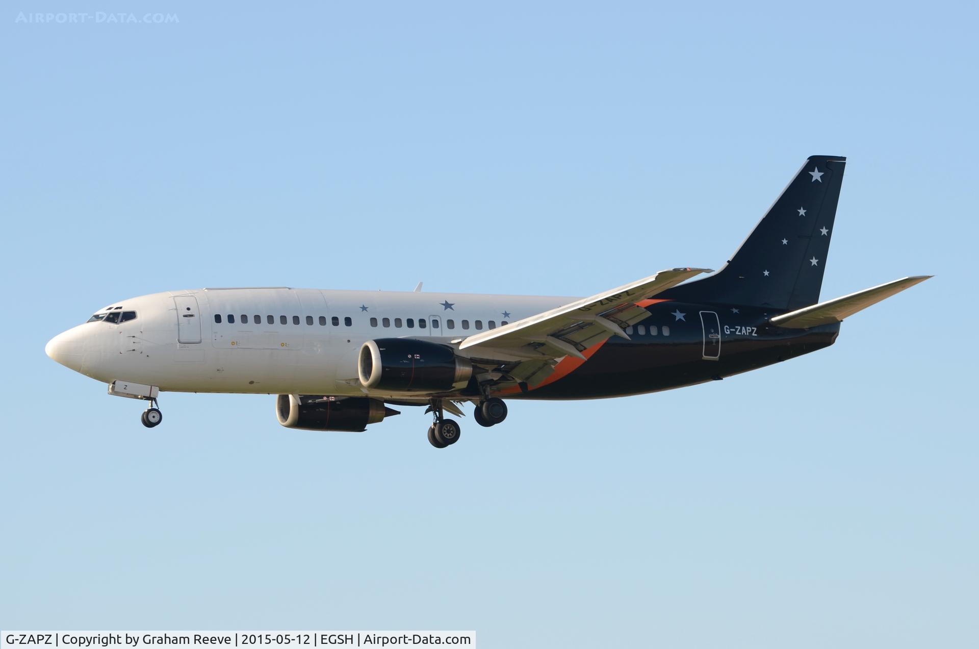 G-ZAPZ, 1991 Boeing 737-33A(QC) C/N 25401, Landing at Norwich.