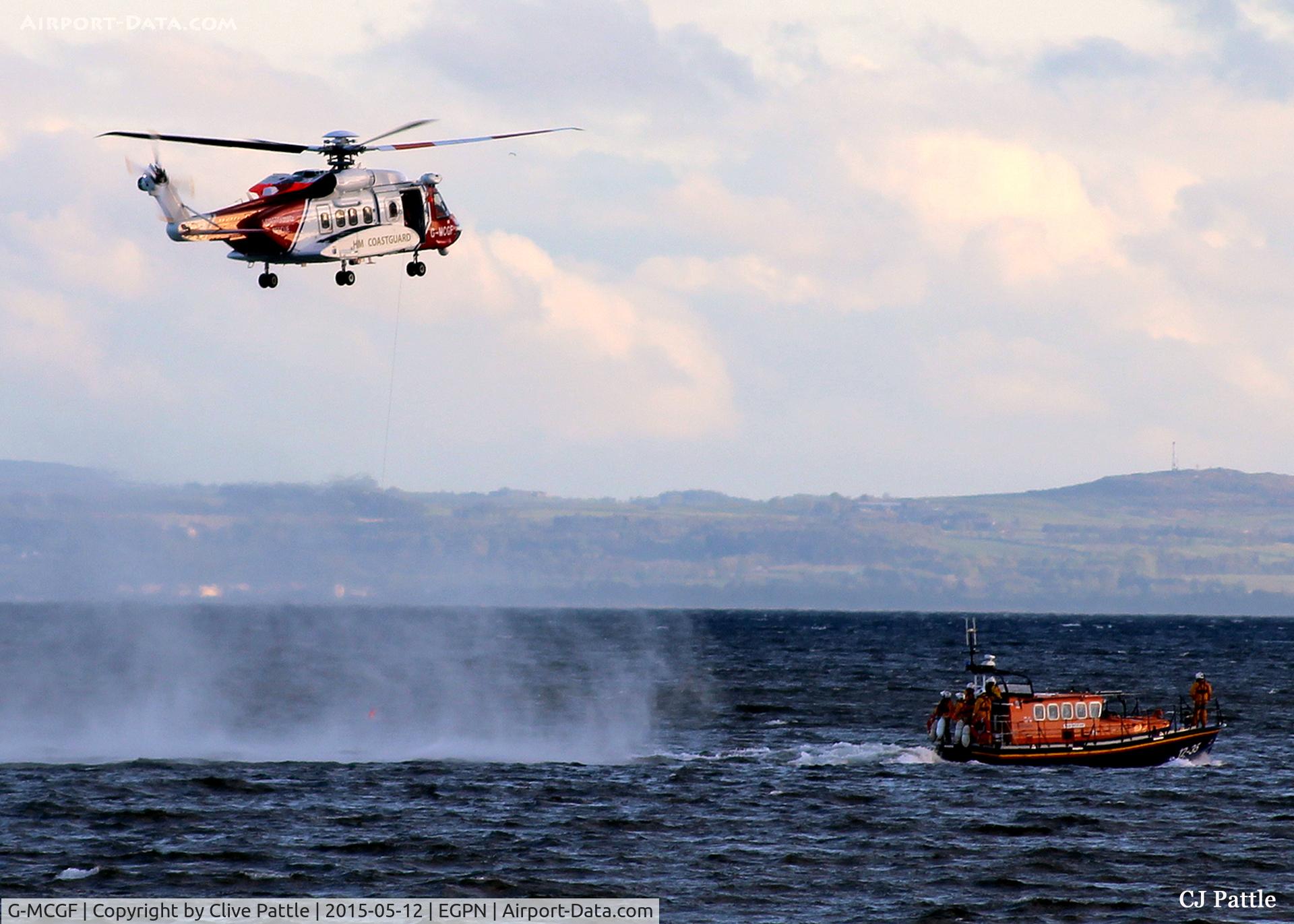 G-MCGF, 2013 Sikorsky S-92A C/N 920222, Operated by Bristows Helicopters based at Aberdeen EGPD engaged in its new SAR duties training with the RNLI Arbroath Lifeboat off the harbour of the Angus town.  ICAO EGPN (Dundee) used for airport-data search purposes only.
