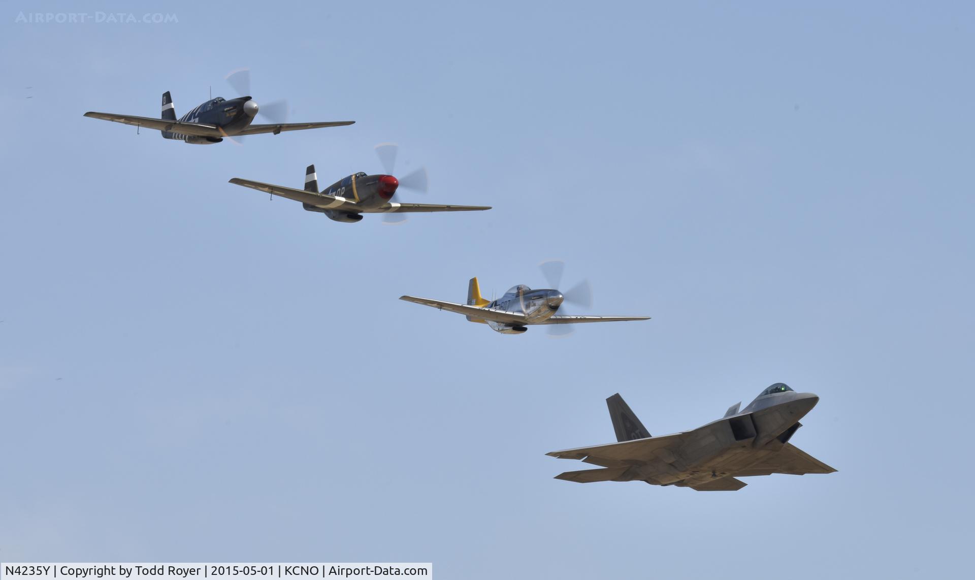 N4235Y, 1943 North American P-51A Mustang C/N MSN 99-22354, Friday afternoon Heritage Flight at the 2015 Planes of Fame Airshow