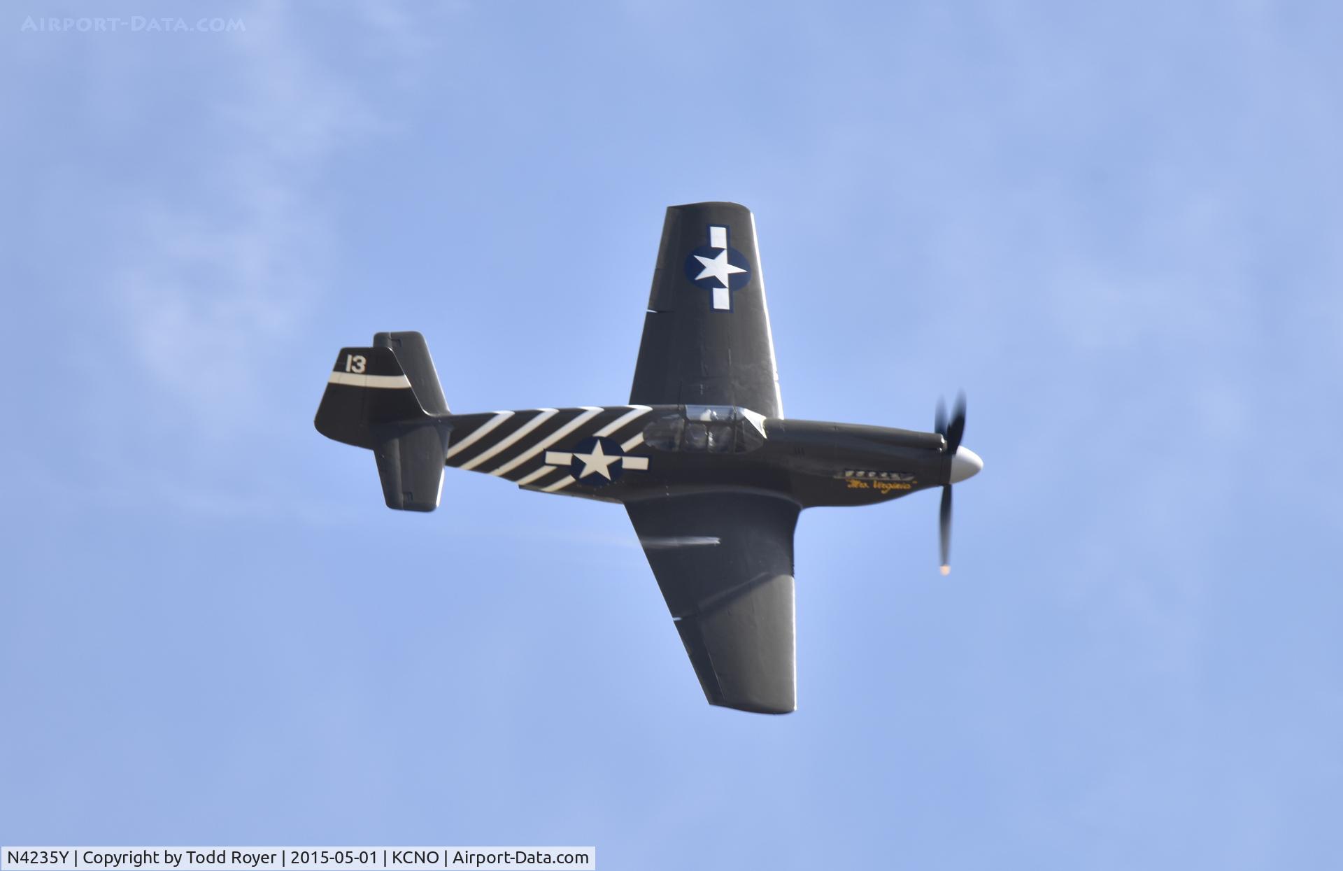 N4235Y, 1943 North American P-51A Mustang C/N MSN 99-22354, Flying at the 2015 Planes of Fame Airshow, note the fuel leak on the wing.