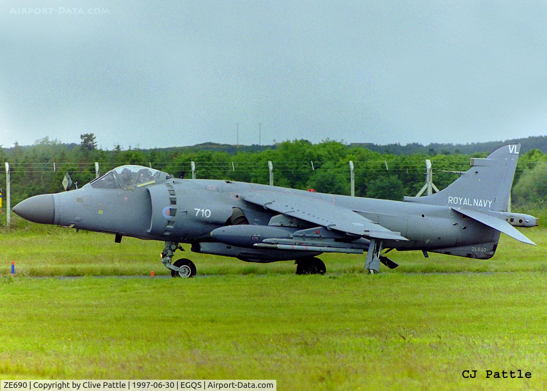 ZE690, British Aerospace Sea Harrier F/A.2 C/N B49/P12, Taxying at RAF Lossiemouth (EGQS) during a TLT (Tactical Leaders Training Course) whilst serving with 899 NAS coded 710-VL