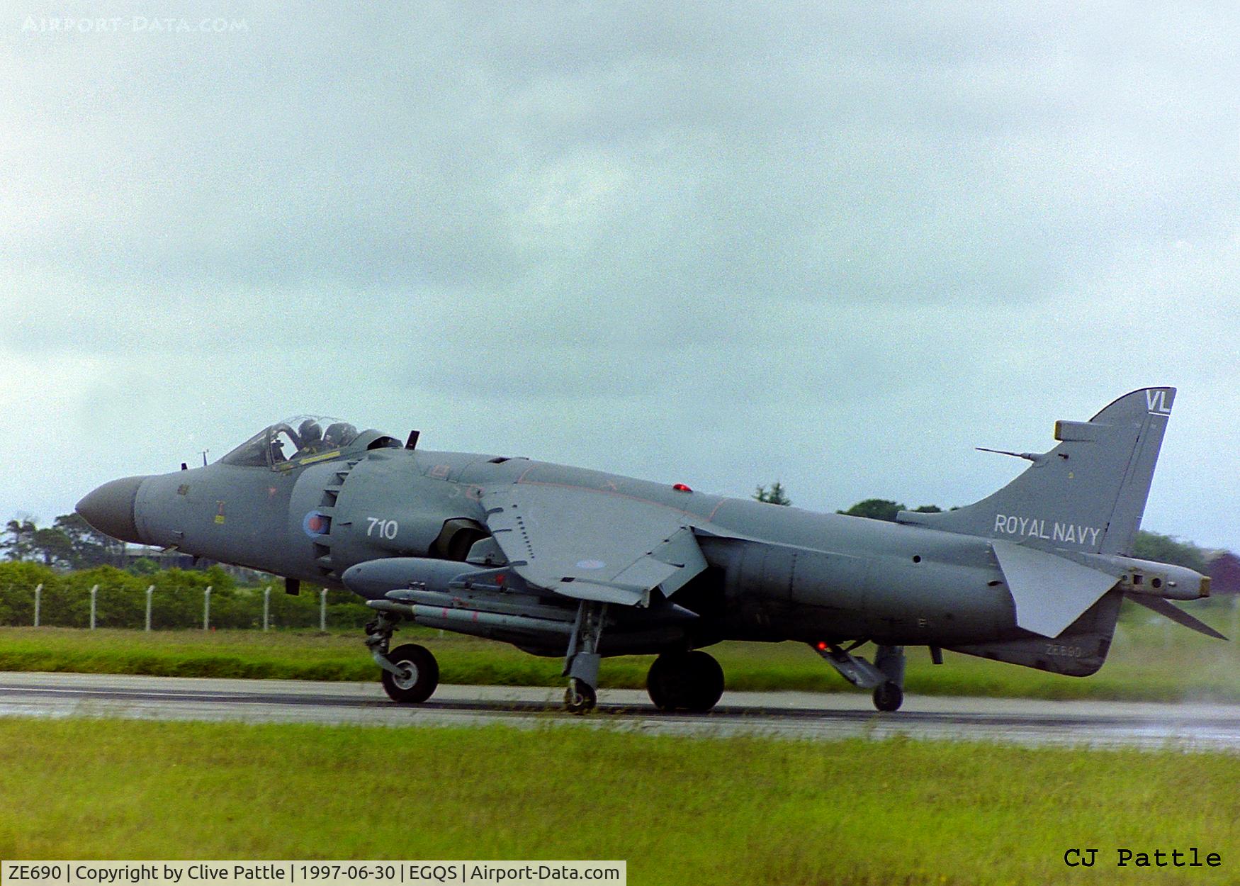 ZE690, British Aerospace Sea Harrier F/A.2 C/N B49/P12, Taxying at RAF Lossiemouth (EGQS) during a TLT (Tactical Leaders Training Course) whilst serving with 899 NAS coded 710-VL