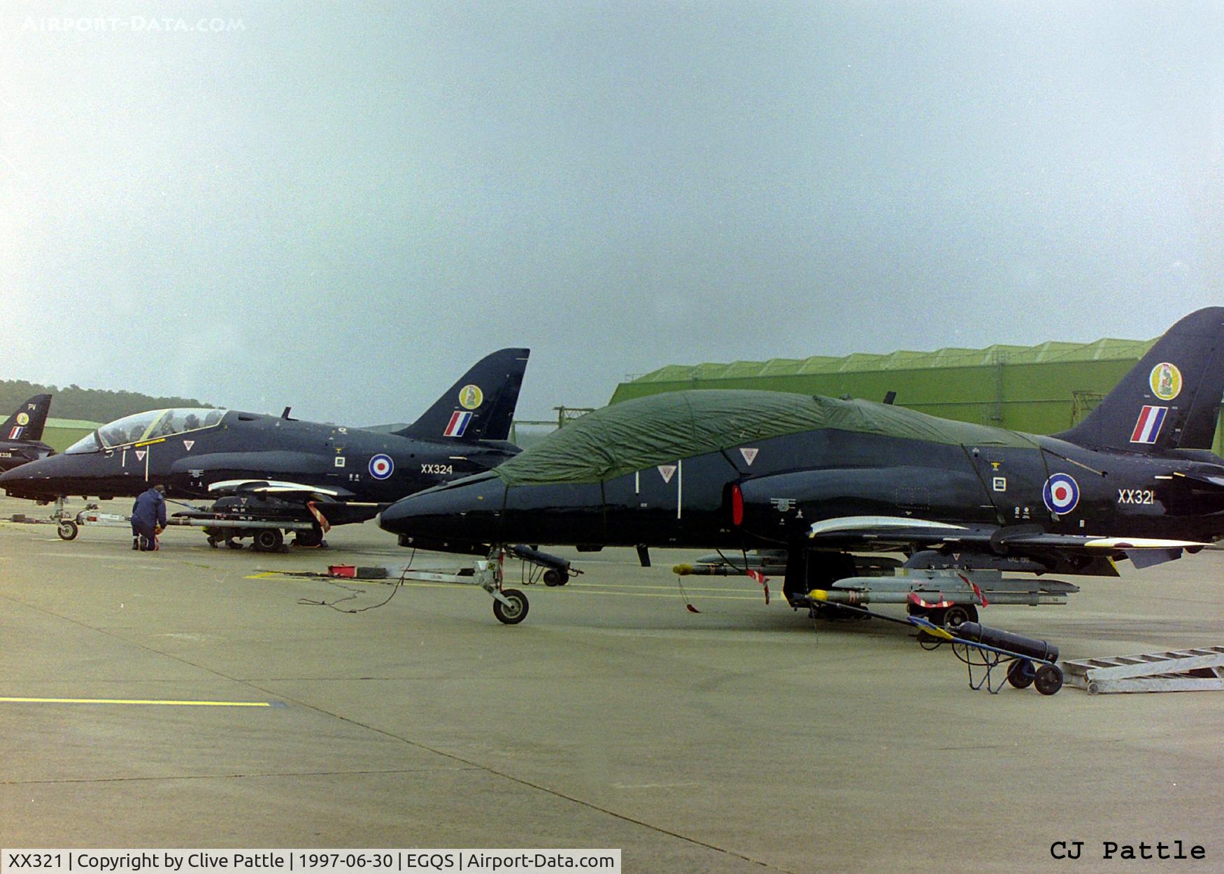 XX321, 1980 Hawker Siddeley Hawk T.1A C/N 164/312146, On the ramp at RAF Lossiemouth (EGQS) during a TLT (Tactical Leaders Training Course) whilst serving with 19 R Sqn RAF, pictured with fellow Sqn aircraft XX324