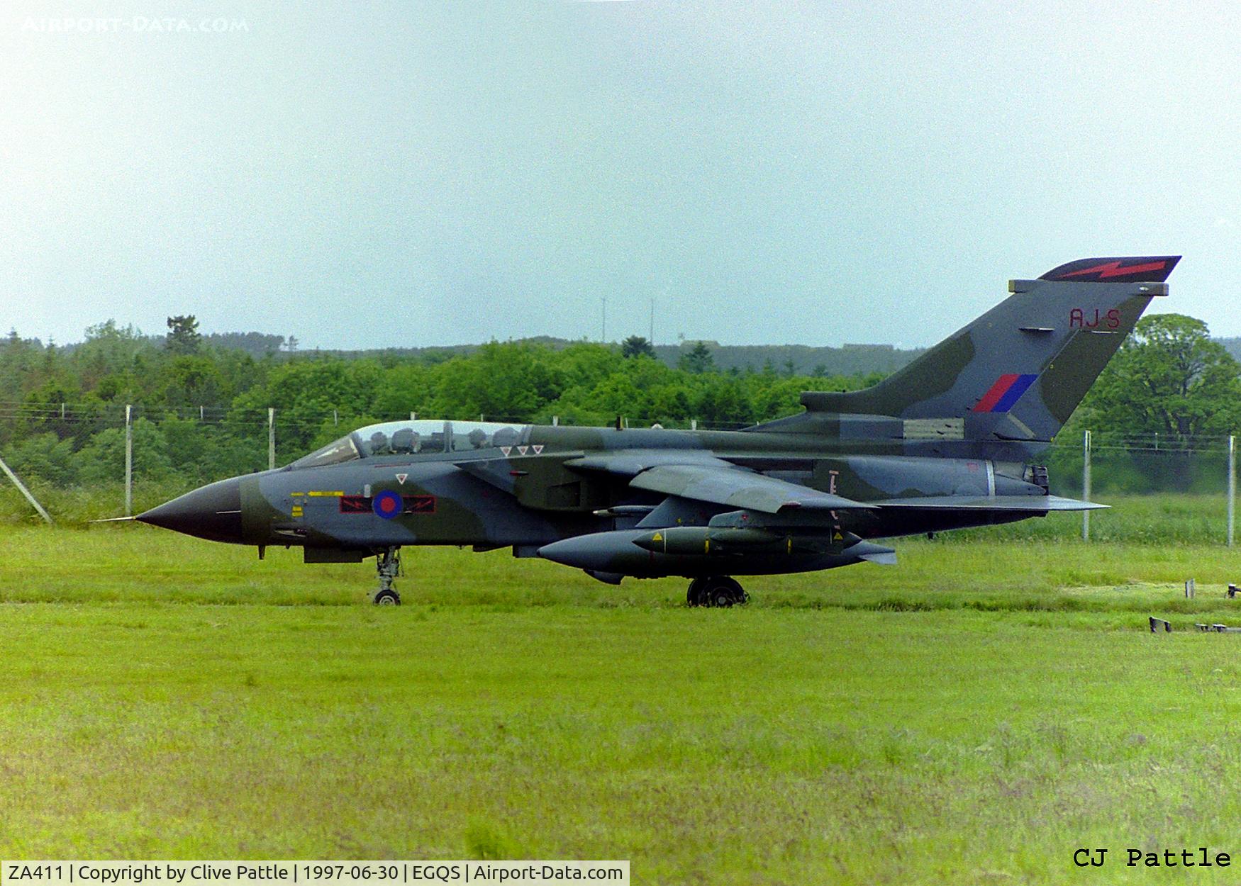 ZA411, 1983 Panavia Tornado GR.1 C/N 229/BT035/3110, Taxying at RAF Lossiemouth (EGQS) during a TLT (Tactical Leaders Training Course) whilst serving with 617 Sqn coded AJ-S. This aircraft was WFU in April 2012