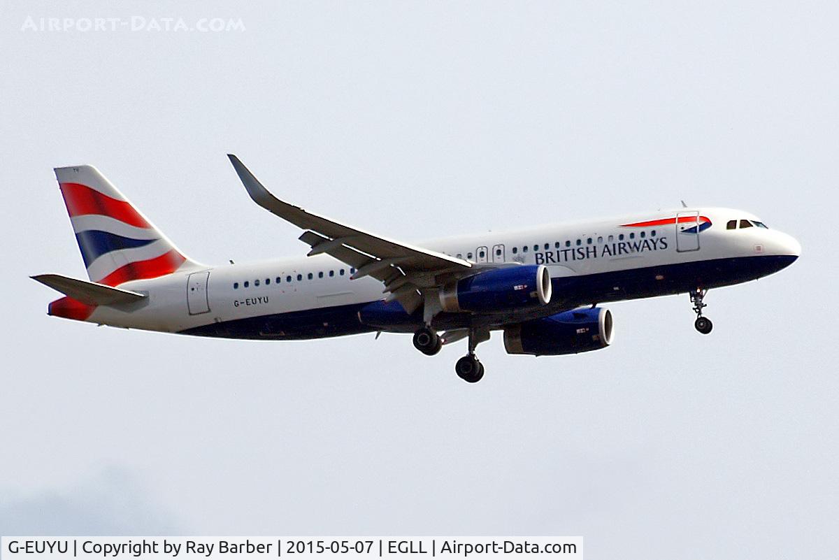 G-EUYU, 2014 Airbus A320-232 C/N 6028, Airbus A320-232 [6028] (British Airways) Home~G 07/05/2015. Sharklets retro fitted in the last 2 months. On approach 27L.
