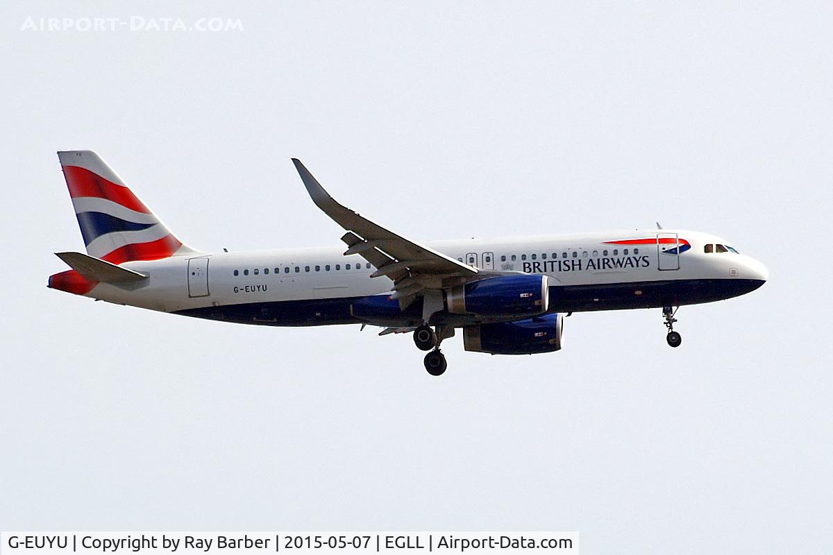 G-EUYU, 2014 Airbus A320-232 C/N 6028, Airbus A320-232 [6028] (British Airways) Home~G 07/05/2015. Sharklets retro fitted in the last 2 months. On approach 27L.