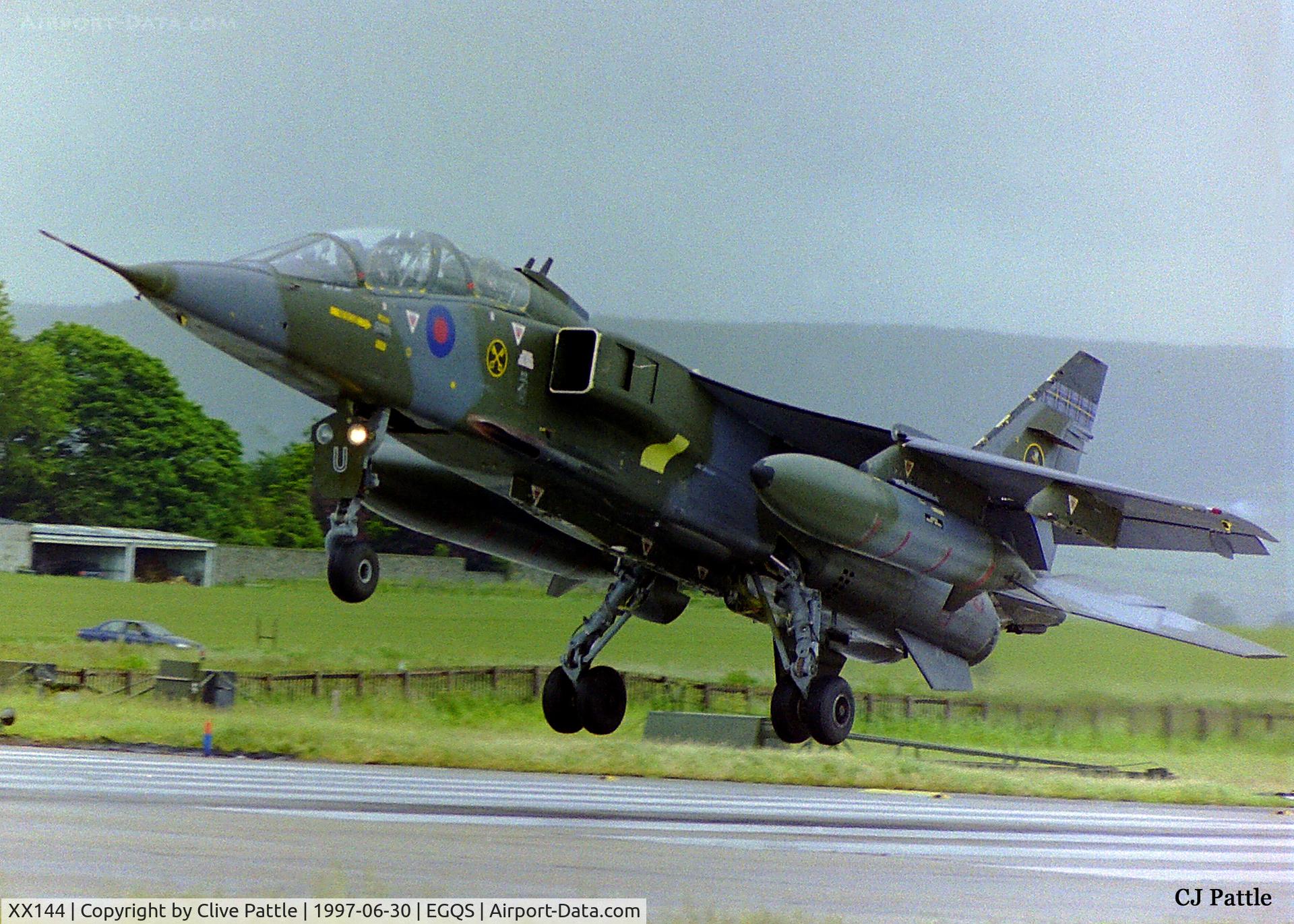 XX144, 1974 Sepecat Jaguar T.2A C/N B.9, About to hit the piano keys keys at RAF Lossiemouth whilst serving as 'U' with 16 Sqn RAF.