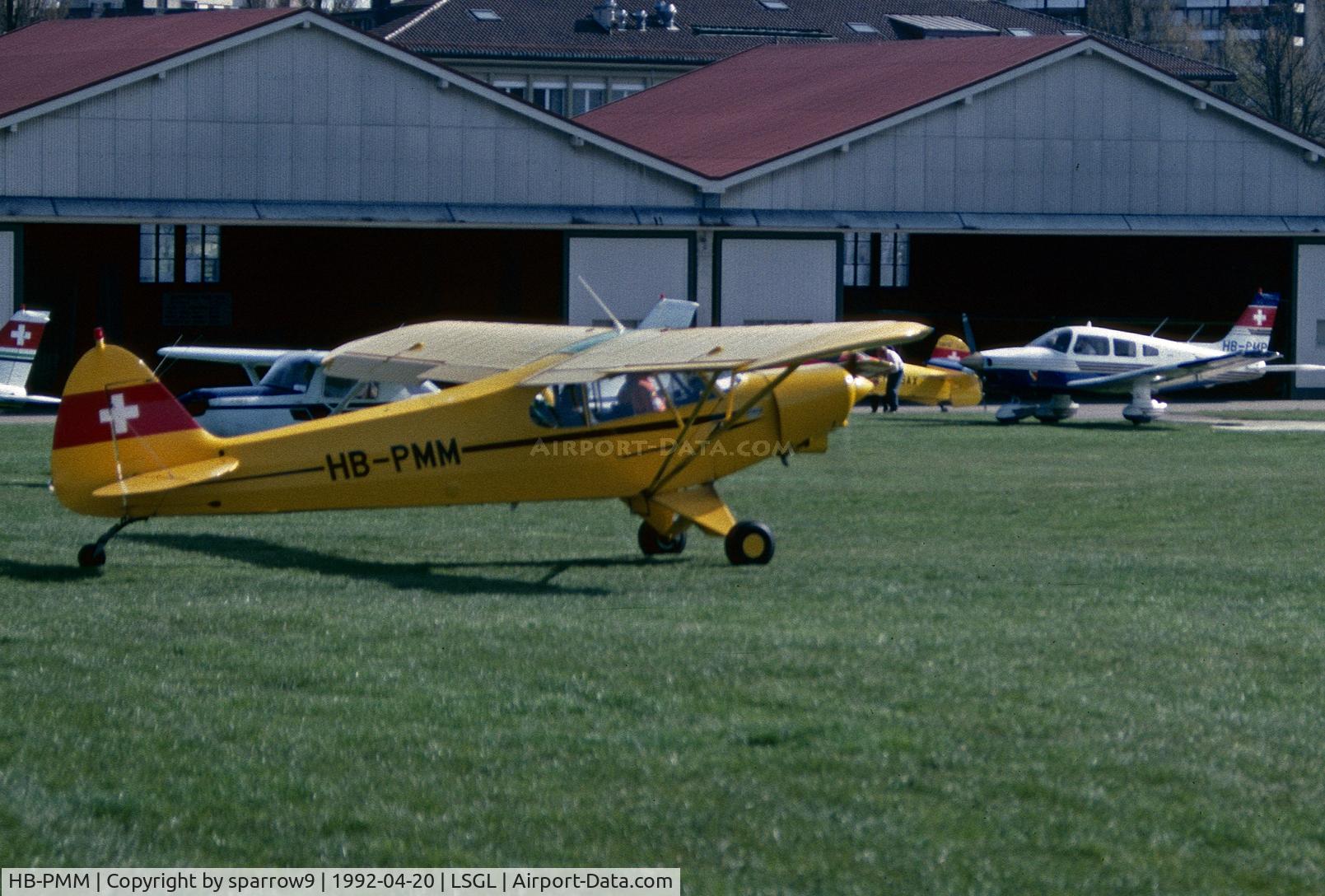 HB-PMM, 1989 Piper PA-18-150 Super Cub Super Cub C/N 1809052, On the former parking at Lausanne. HB-registered from 1990-04-23 until 2021-06-11. Scanned from a slide.