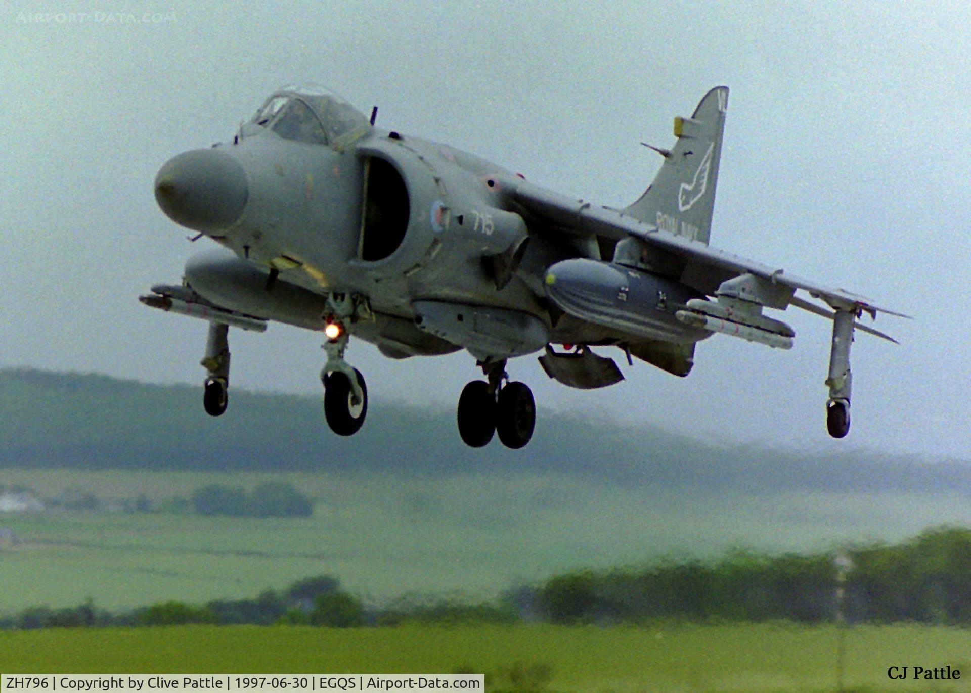 ZH796, 1995 British Aerospace Sea Harrier F/A.2 C/N NB01, Landing at RAF Lossiemouth (EGQS) in June 1997 whilst participating in the bi-annual TLT (Tactical Leaders Training) course, whilst serving with the FAA 899 NAS as 715-VL