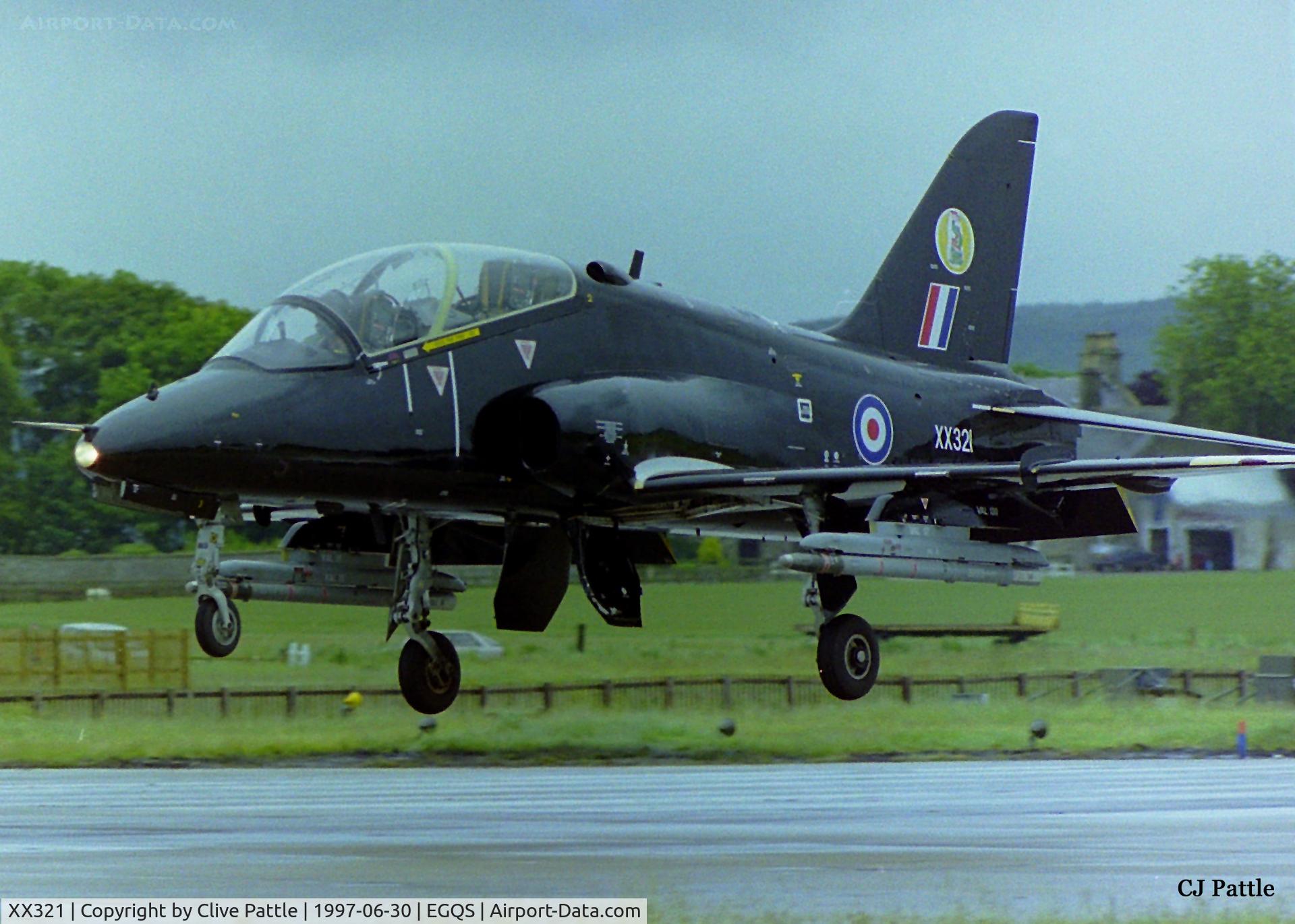 XX321, 1980 Hawker Siddeley Hawk T.1A C/N 164/312146, Landing at RAF Lossiemouth (EGQS) in June 1997 whilst participating in the bi-annual TLT (Tactical Leaders Training) course, whilst serving with 19 R Sqn RAF