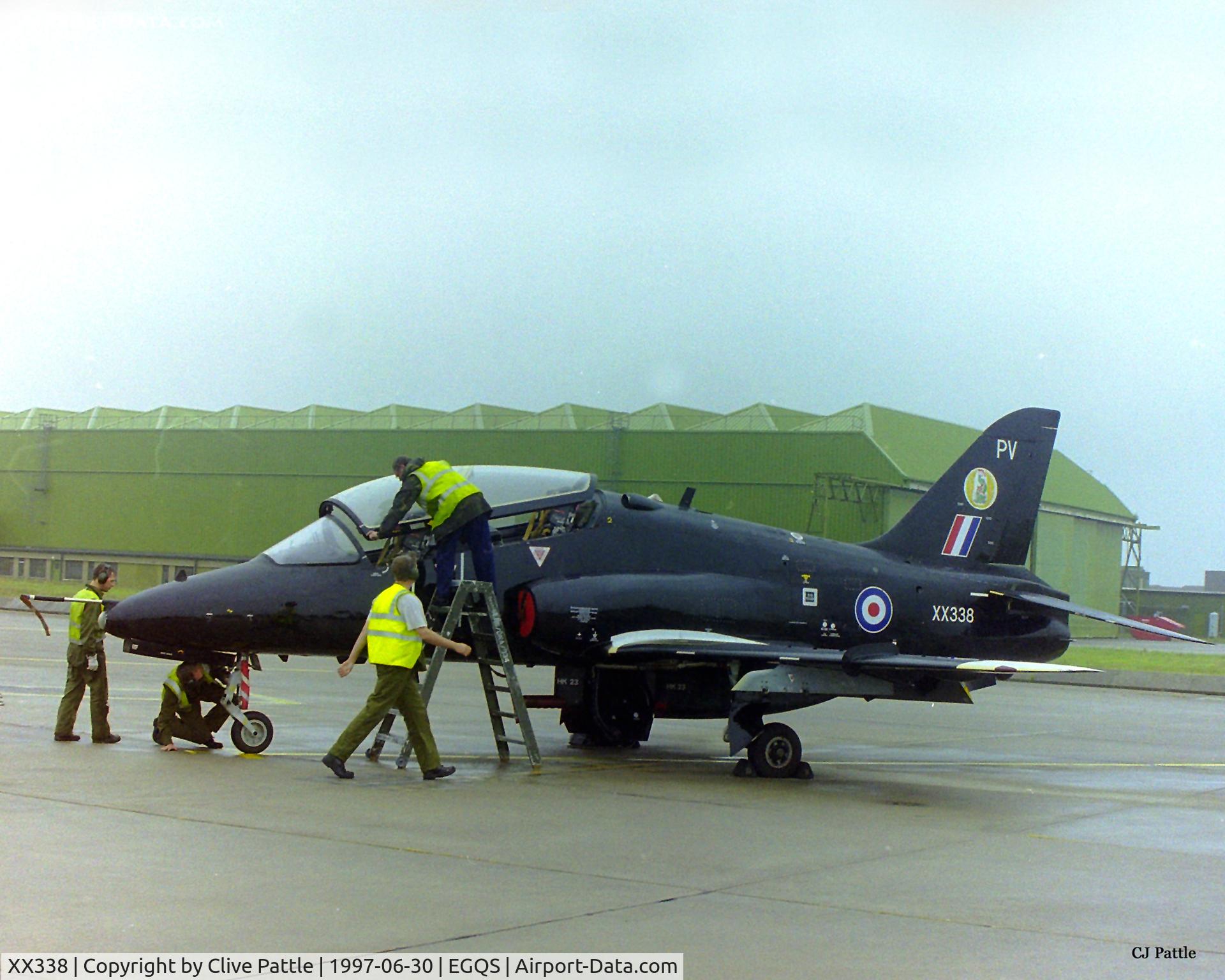 XX338, 1981 Hawker Siddeley Hawk T.1A C/N 187/312162, Receiving some TLC at RAF Lossiemouth (EGQS) in June 1997 whilst participating in the bi-annual TLT (Tactical Leaders Training) course, whilst serving with 19 R Sqn RAF coded 'PV'