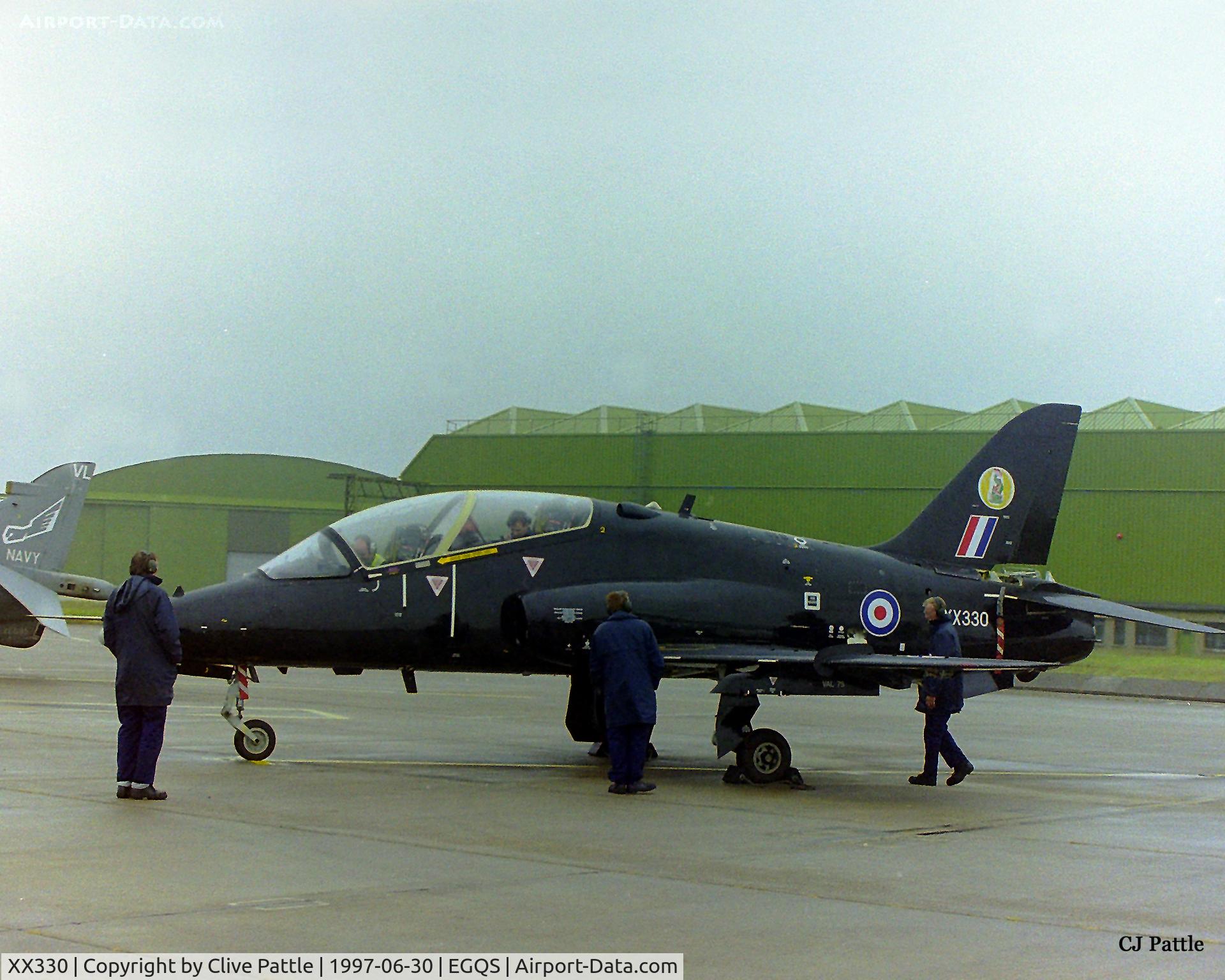 XX330, 1980 Hawker Siddeley Hawk T.1A C/N 176/312154, Receiving attention from groundcrew at RAF Lossiemouth (EGQS) in June 1997 whilst participating in the bi-annual TLT (Tactical Leaders Training) course, whilst serving with 19 R Sqn RAF