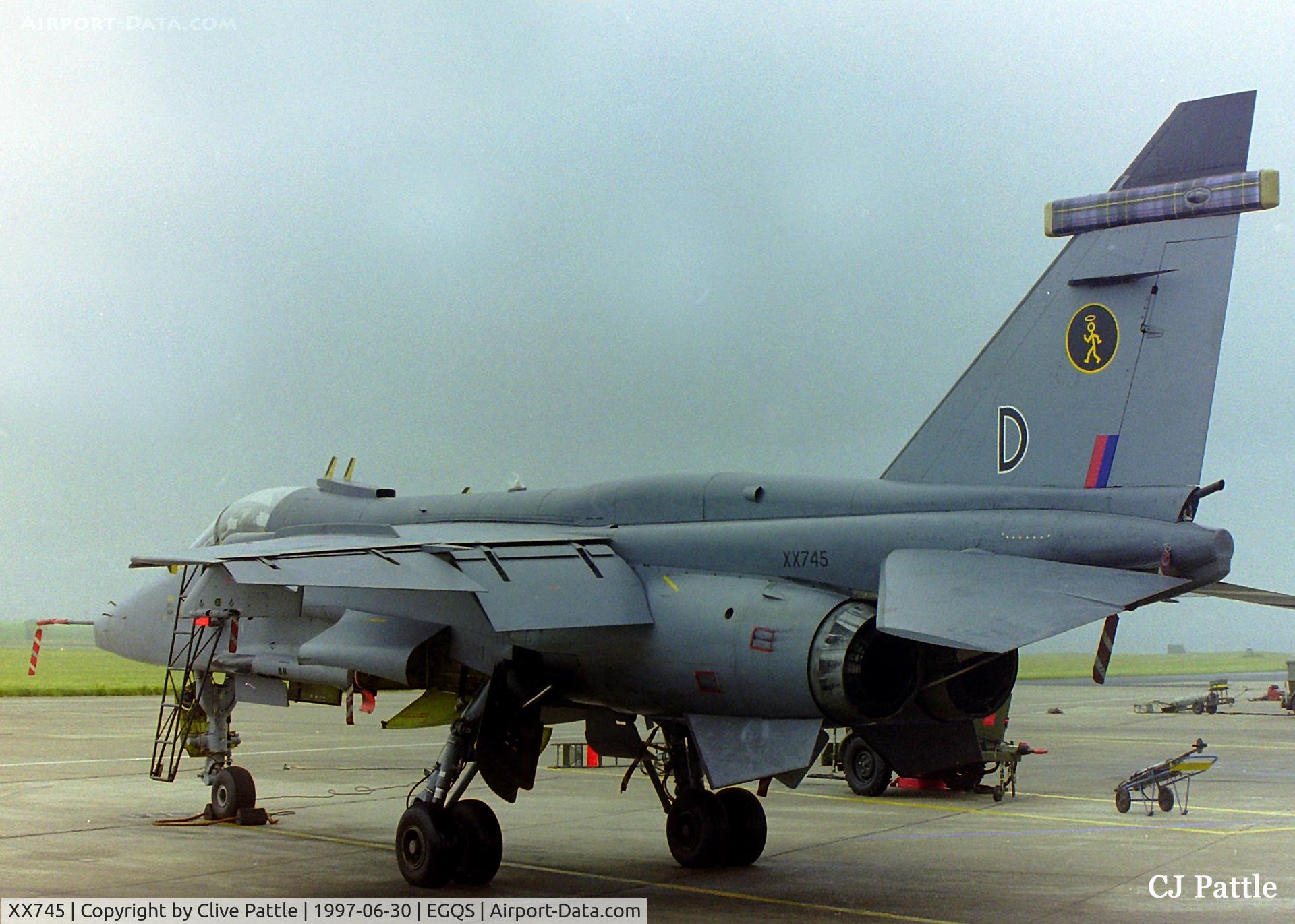 XX745, 1974 Sepecat Jaguar GR.1A C/N S.42, On the ramp at RAF Lossiemouth (EGQS) in June 1997 whilst participating in the bi-annual TLT (Tactical Leaders Training) course, whilst serving with 16 R Sqn RAF coded 'D'
