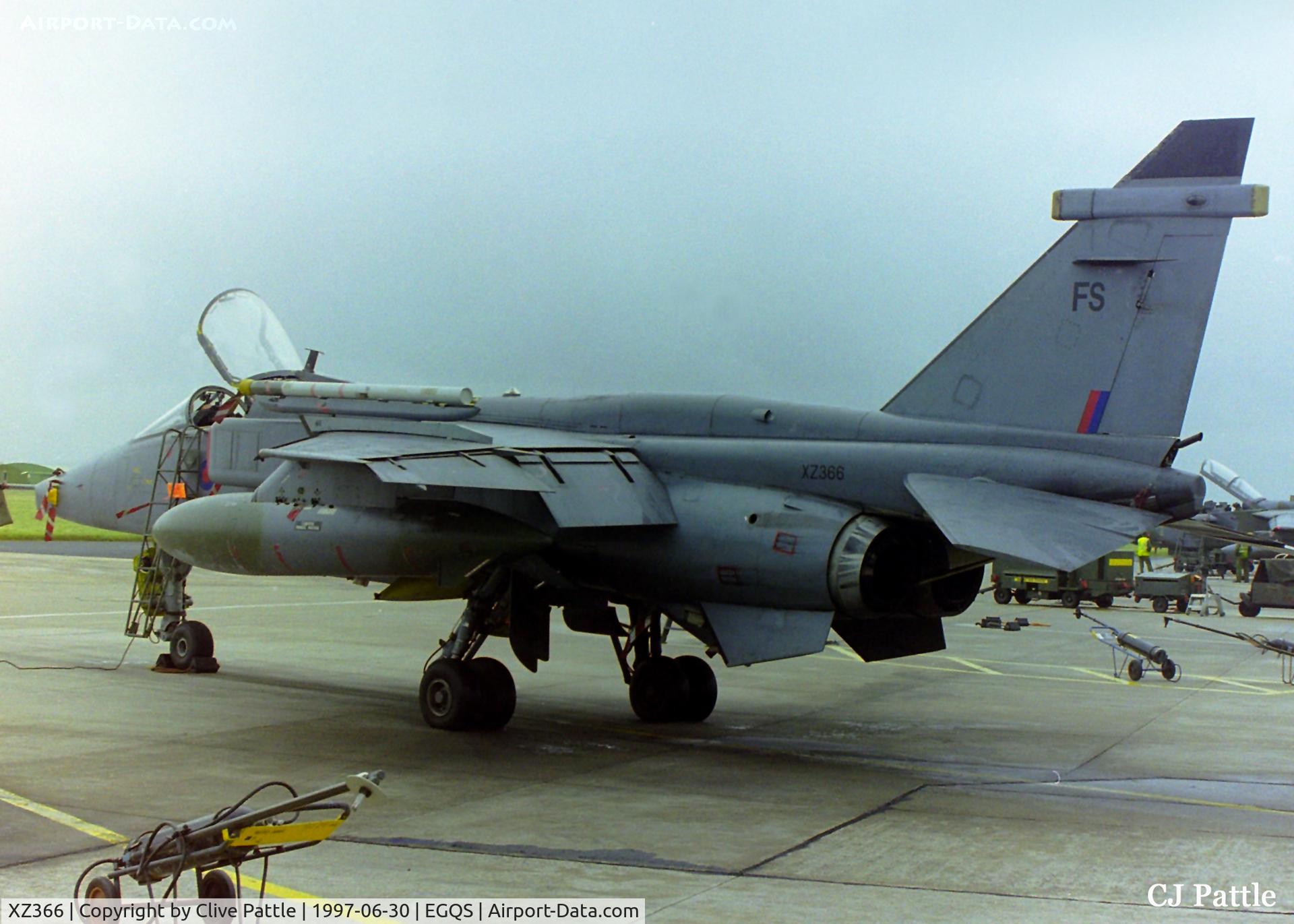 XZ366, 1976 Sepecat Jaguar GR.3A C/N S.133, On the ramp at RAF Lossiemouth (EGQS) in June 1997 whilst participating in the bi-annual TLT (Tactical Leaders Training) course, whilst serving with 41 Sqn RAF coded 'FS'