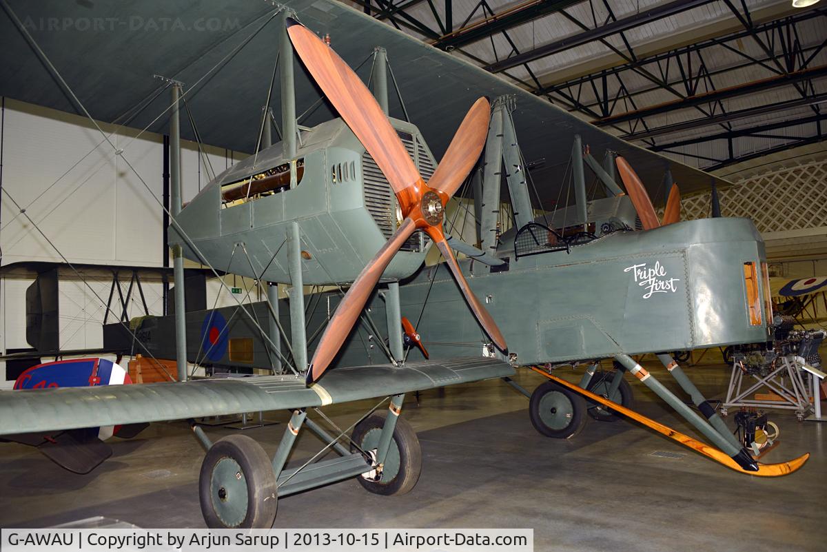 G-AWAU, Vickers FB-27A Vimy (replica) C/N VAFA02, 'Triple First' on display in the Grahame-White Factory at RAF Museum Hendon.