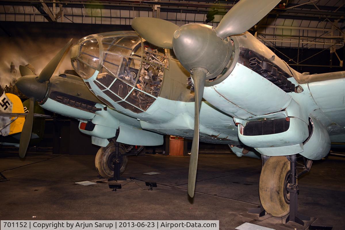 701152, Heinkel He-111H-20 C/N 701152, Built and delivered to the Luftwaffe in 1944 as an H-20 variant to carry 16 paratroopers, with wing racks for supply containers. Captured in May 1945, this He-111 missed the boat to be sent to the USA for evaluation. Displayed at RAFM Hendon.