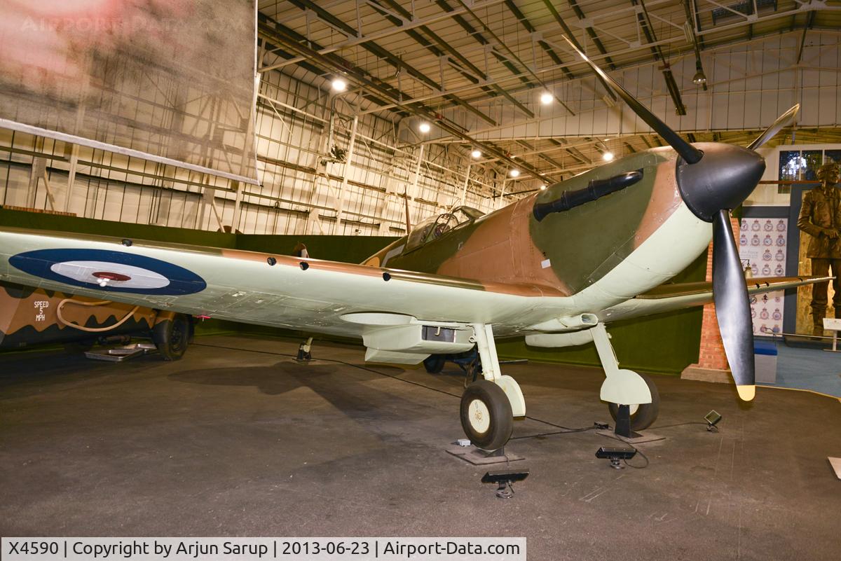 X4590, Supermarine 300 Spitfire Mk1A C/N 6S/81254, Battle of Britain veteran that flew with No. 609 Sqn. RAF. Credited with a half kill for shooting down a Ju-88A-5 on 21 Oct. 1940. On display at RAF Museum Hendon.